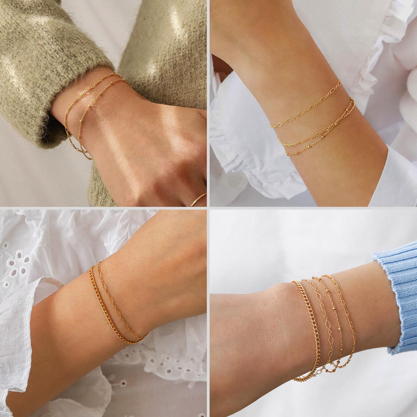 DEARMAY 14K Gold Plated Bracelets for Women, Jewelry Sets Trendy Dainty Stackable Paperclip Rope Snake Box Figaro Chain Bracelets Pack Costume Fashion Gifts