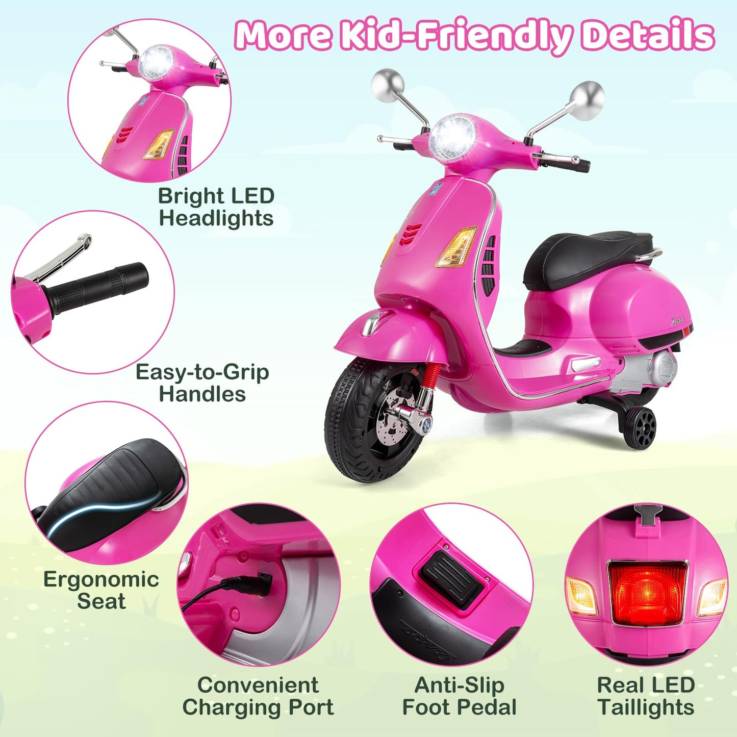Costzon Toddler Motorcycle, 12V Licensed Vespa Ride on Motorcycle with Training Wheels, LED Headlight & Horn Sound, Ride on Toy, Battery Powered Motorbike, Gift for Boys & Girls (12V,Rose Pink)