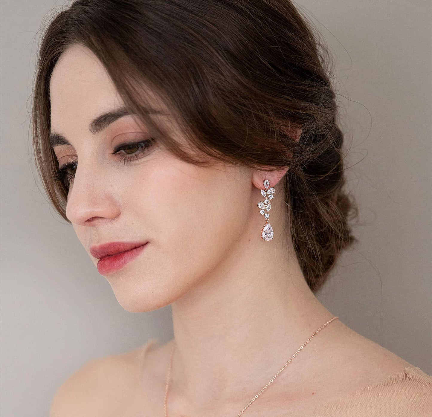 SWEEETV Bridal Wedding Earrings for Brides Bridesmaides-Marquise Teardrop Earrings for Women, Cubic Zirconia Drop and Dangle Earrings for Prom or Pageant,Jewelry, Rose Gold