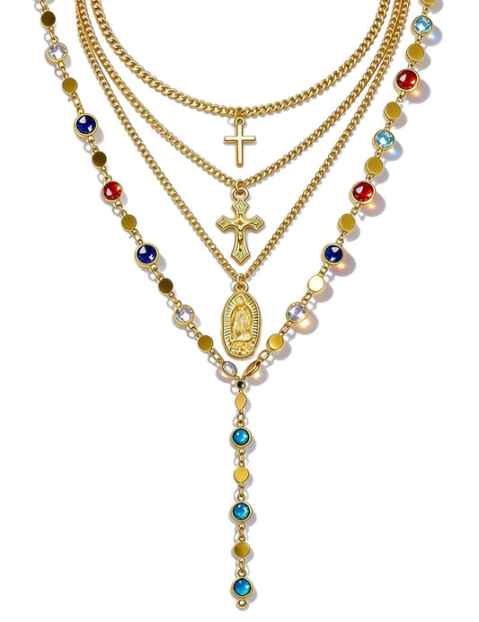 4PCS Layered Gold Cross Necklaces for Women Trendy, Bohemian Bead Pearl Y Long Pendant Necklace Set, Vintage Rosary Necklace Stack Adjustable Length