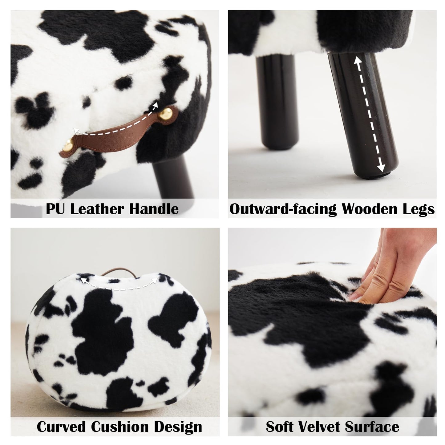 Leesingdo Small Footstool with Handle, Faux Fur Ottoman Foot Rest with Padded Seat, Curved Foot Stool with Wooden Legs, Portable Foot Rest for Living Room, Bedroom, Entryway, Cow
