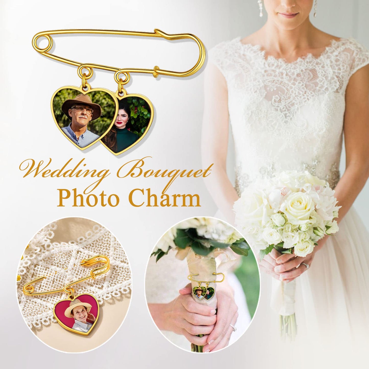 Custom4U Memorial Charm for Wedding Bouquet Heart Shaped Memory Charms Brooch Pins Funeral Boutonniere with 2 Pictures Engraved