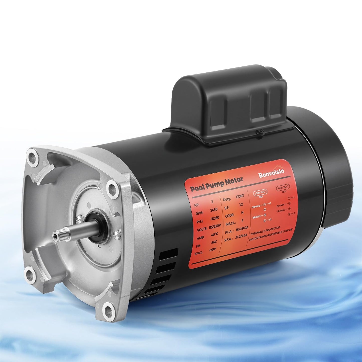 Bonvoisin 1HP Pool Pump Motor 56Y Frame 3450 RPM CCW Rotation Square Flange Replacement Motor with 80μF/300V Capacitor for Above Ground and Underground Swimming Pools 115V/230V