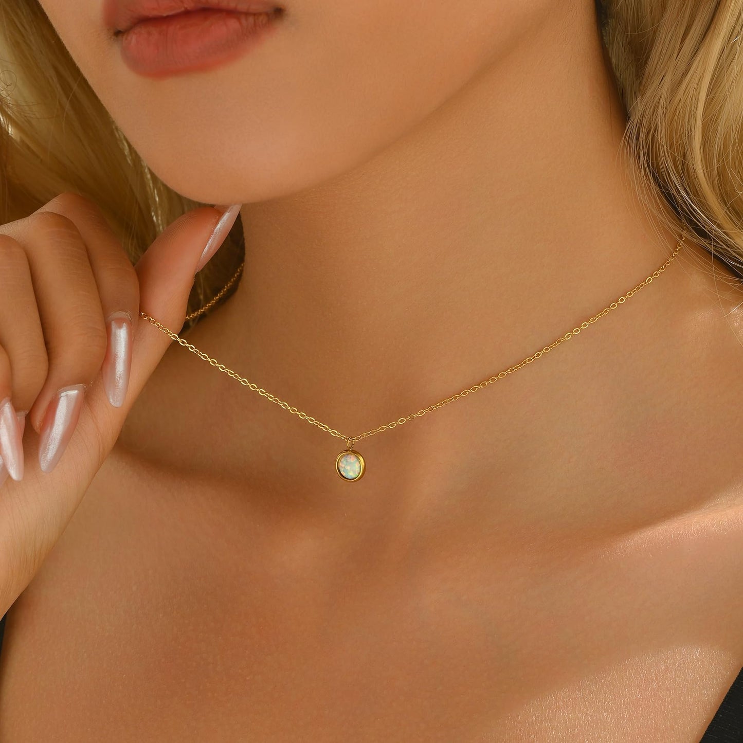 NONAMOIS 18K Gold Plated White Opal Pendant Necklace for Women Stainless Steel Dainty Gold Created Opal Choker Necklace Trendy Non Tarnish Jewelry
