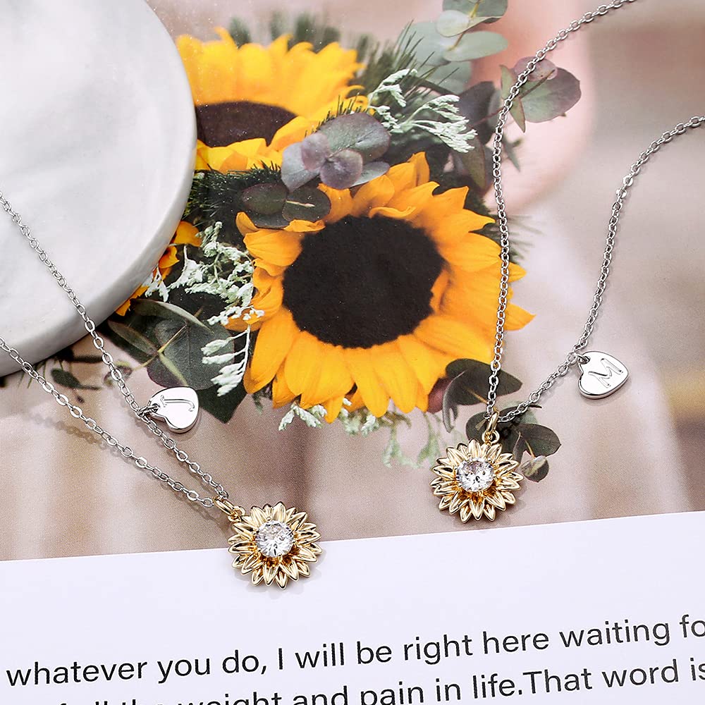 MONOZO Initial Sunflower Necklace for Women Girls, Sunflower Necklace Pendant CZ Heart Letter Initial Necklace You Are My Sunshine Gifts Necklaces for Girls G