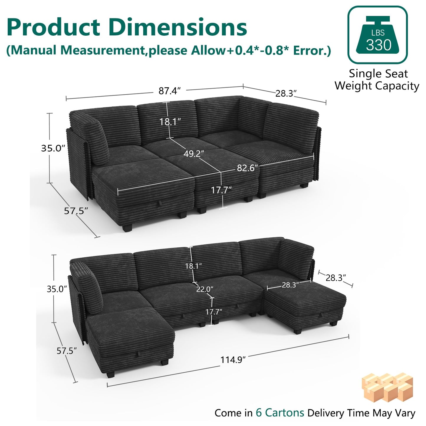 OhaiAura Modular Sectional Sofa with Adjustable Backrest, Convertible L/U-Shaped Sleeper Couch for Living Room, Cloud Sofa Bed Modern Reversible Design, Black