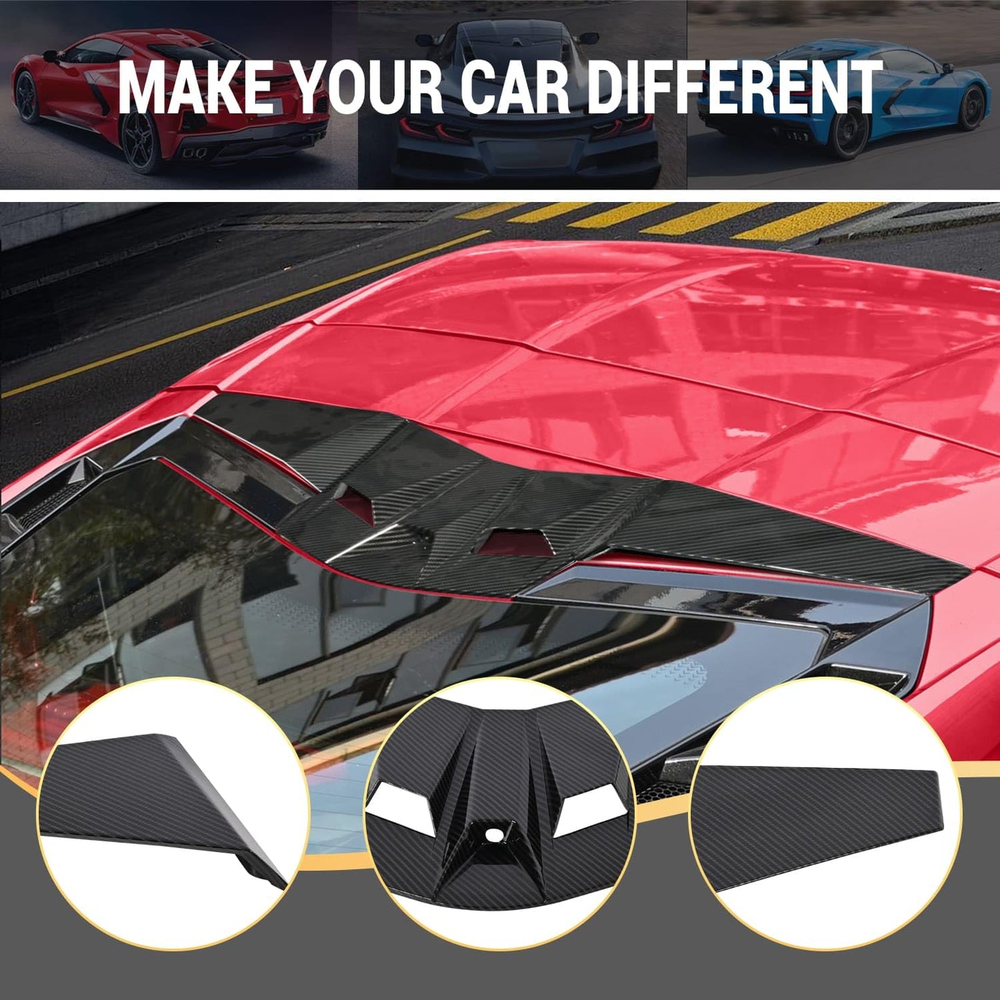 BILLFARO Rear Decklid Camera Vent Cover and Rear Roof Windshield Spoiler Strip Cover Trim, Carbon Fiber Pattern Widebody Roof Set for Corvette C8 Stingray Z51 2020+ for C8 Z06 2023+/E-Ray 2024+