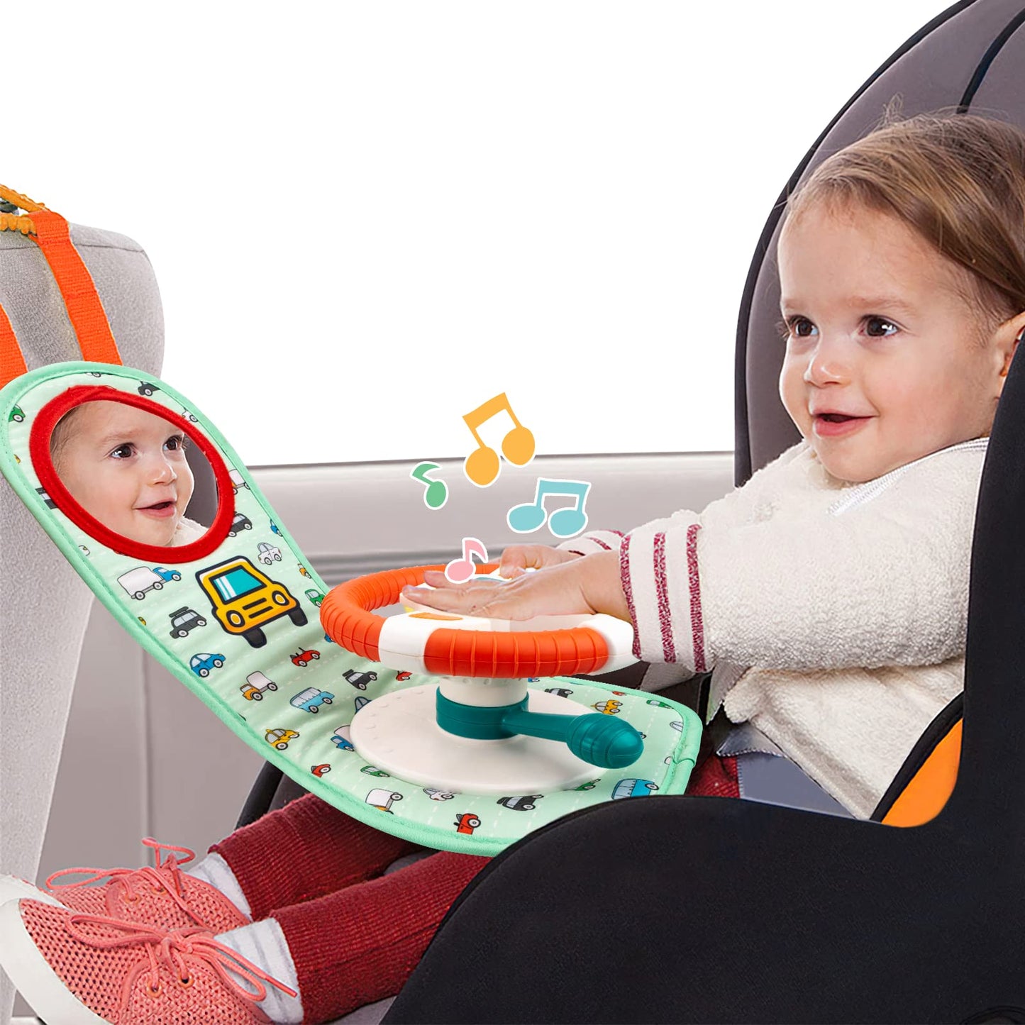 COVTOY Baby Car Seat Toys for Infants with Mirror, Steering Wheel, Music Lights, Driving Sounds - 6-12 Months