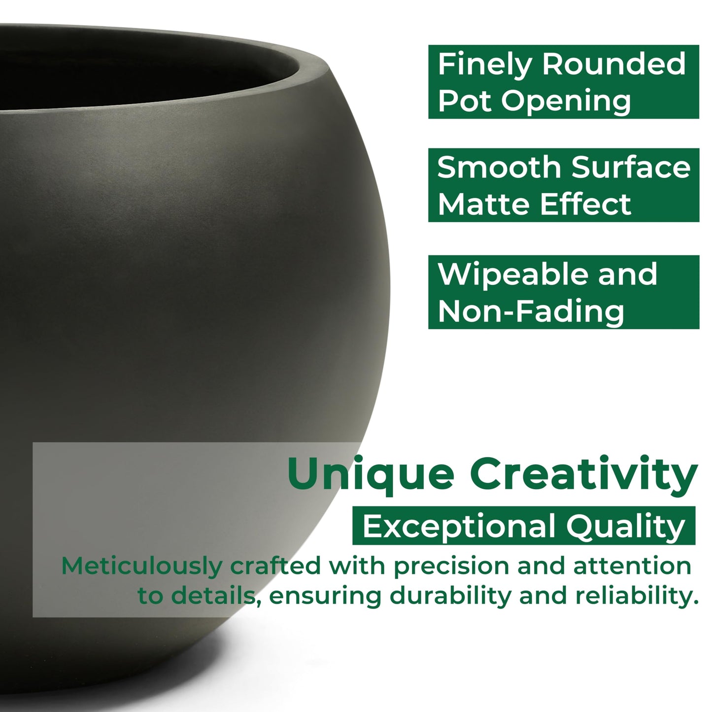 FloraFairy Fiberstone Sphere Planter, Black 19.3" Dia Large Flower Pot with Drainage Hole and Silicone Plug, Round Plant Container for Indoor or Outdoor, 15" Opening-13 H Large