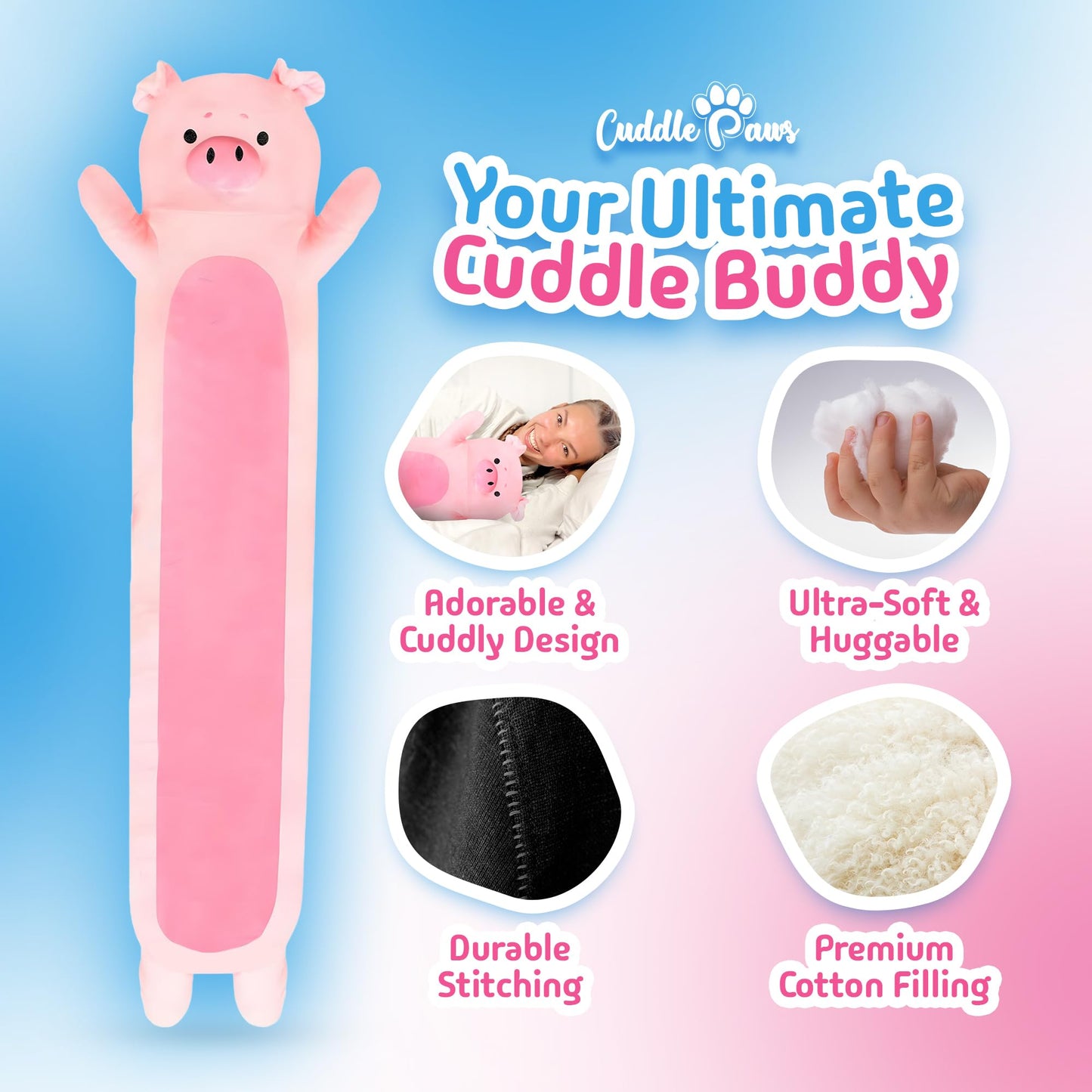 Cuddle Paws Big Pig Plush Body Pillow for Kids | Long Stuffed Animal Cuddle Pillow | Soft Hugging Toy | Plushie Gift for Girls & Boys | Long Plush Body Pillow for Comfort | Small, 23 Inches