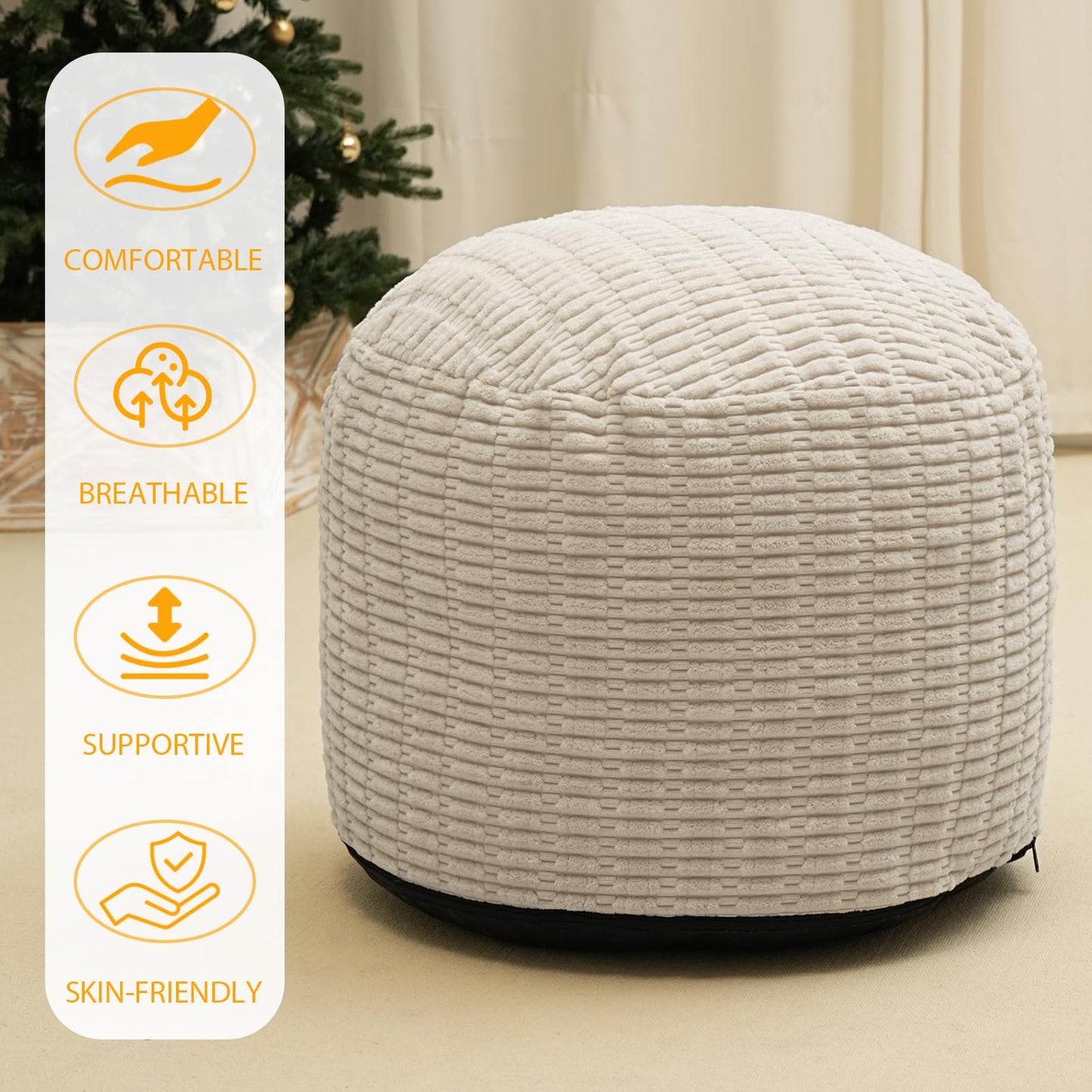 Round Stuffed Pouf Ottoman for Foot Rest, Storage Ottoman Pouf Foot Stool Cushion, Faux Fur Poufs with Foam Chunk Filling, 26 X 18 Inch Floor Chair for Living Room Bedroom Home Decor, Beige