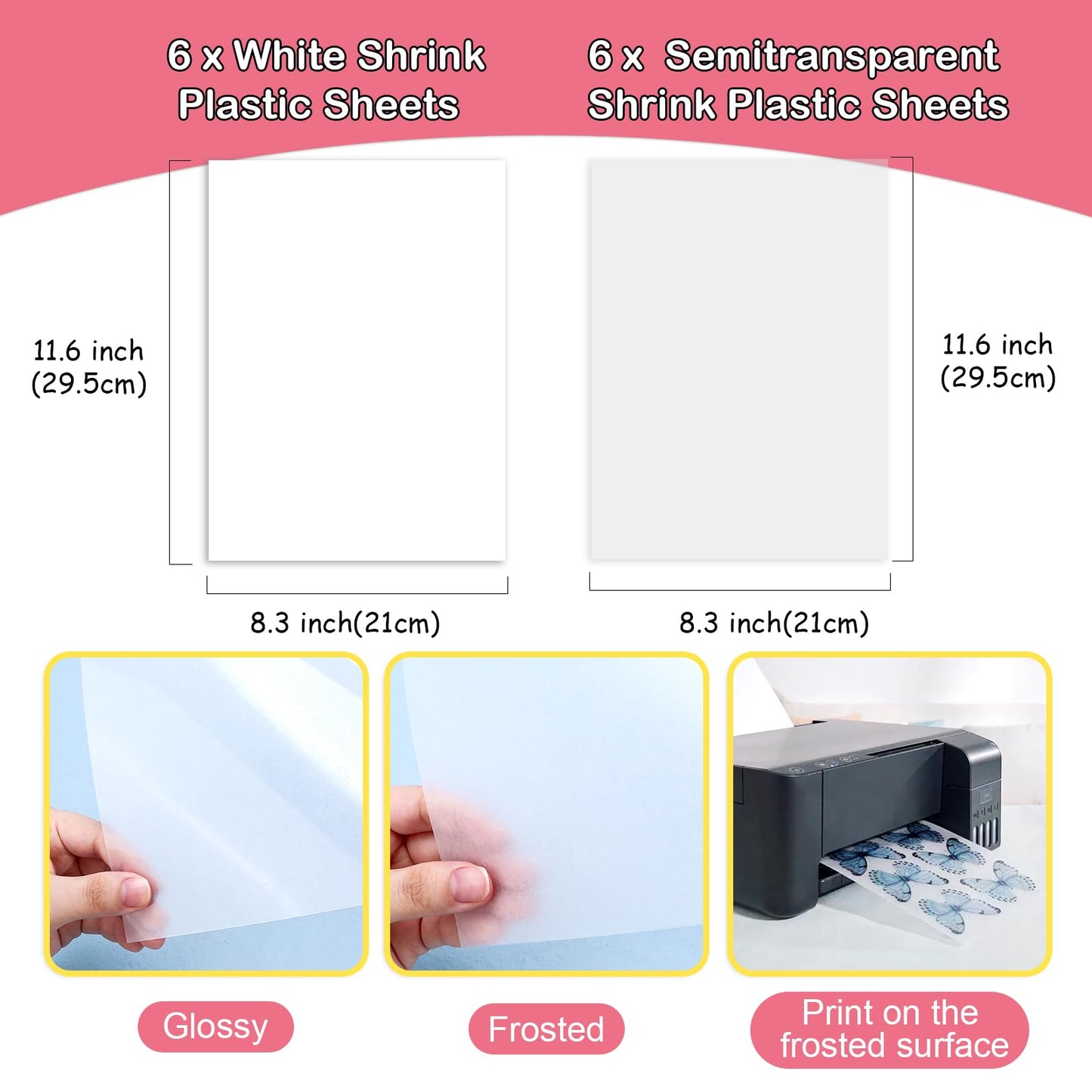 Auihiay 12 Pieces Printable Shrinky Plastic Sheets, Shrink Films Papers for Kids, Mothers Day Gifts and Father's Day Ornament, 6 White and 6 Semitransparent, 8.3 x 11.6 inch / 21 x 29.5 cm
