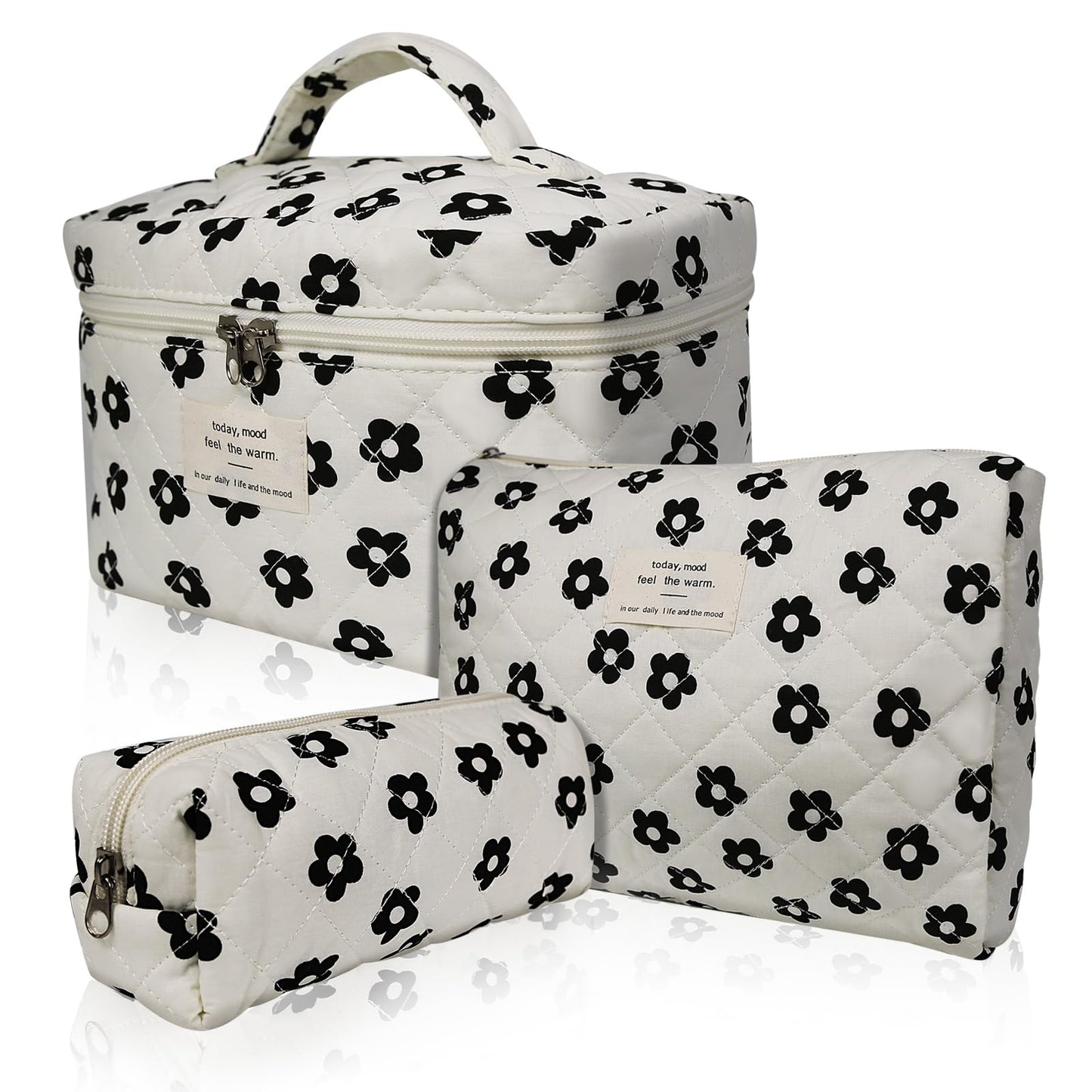 Gosect 3pc Makeup Bag Set, Quilted Makeup Bag Set, Large Floral Cosmetic Bag for Women, Cute Cotton Makeup Bags, Flower Travel Toiletry Organizer Bag (Black Flowers)