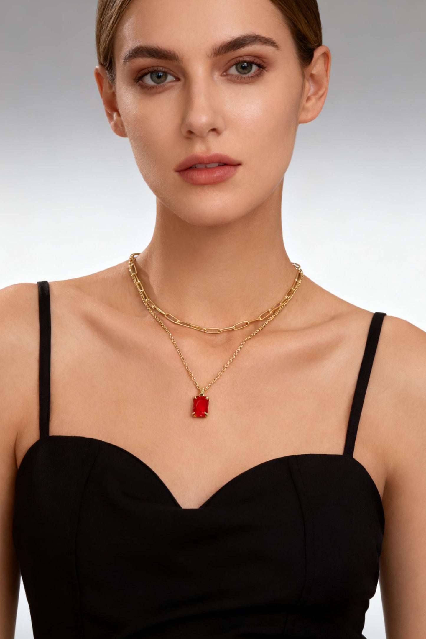 VANGETIMI Red and Gold Layered Pendant Necklaces for Women 14k Gold Plated Crystal Choker Necklace Paperclip Rhinestone Necklace Party Prom Jewelry