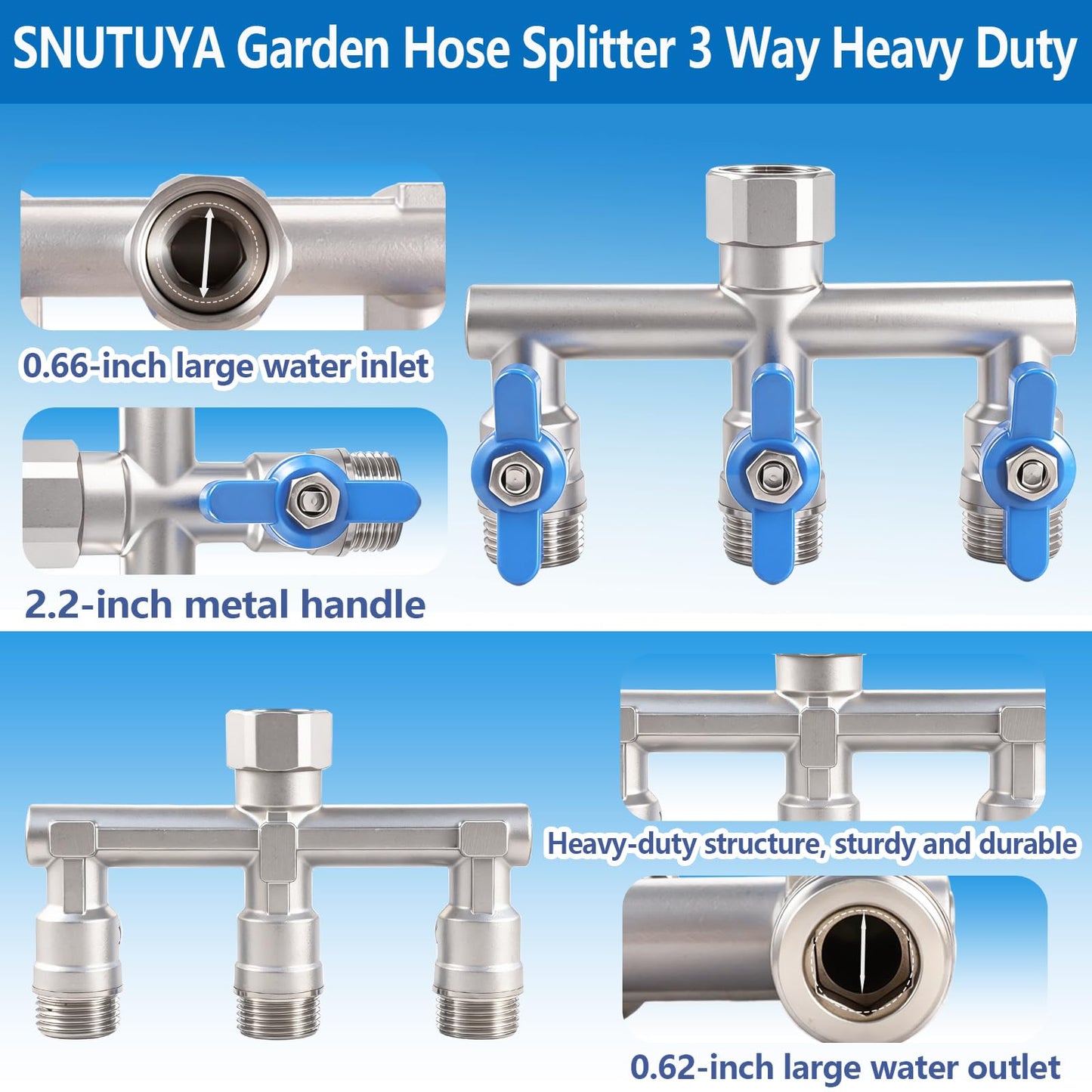 304 Stainless Steel Garden Hose Splitter 3 Way Heavy Duty, Full Flow T Valve Water Hose Splitter With 2.1" Extra Long Handle, Lead-free，3/4" GHT Thread Connector For Outdoor Spigot Faucet
