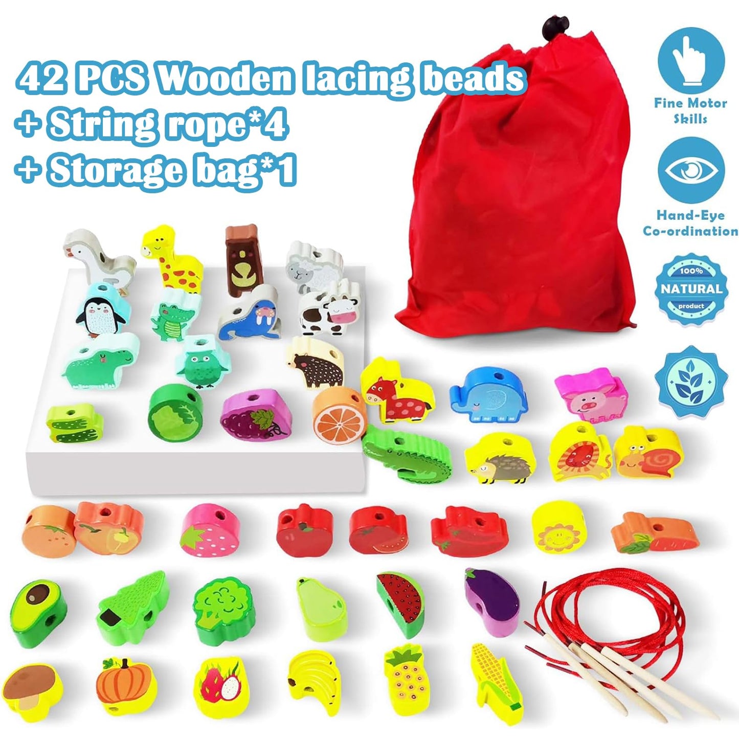 exinddea 46 PCS Wooden Lacing Beads,Animals Fruits Threading Toys for Toddlers,Preschool Learning Lacing Toys,Montessori Educational Stringing Threading Beads Toys for Kids 3 4 5 6 Year Old Boys Girls