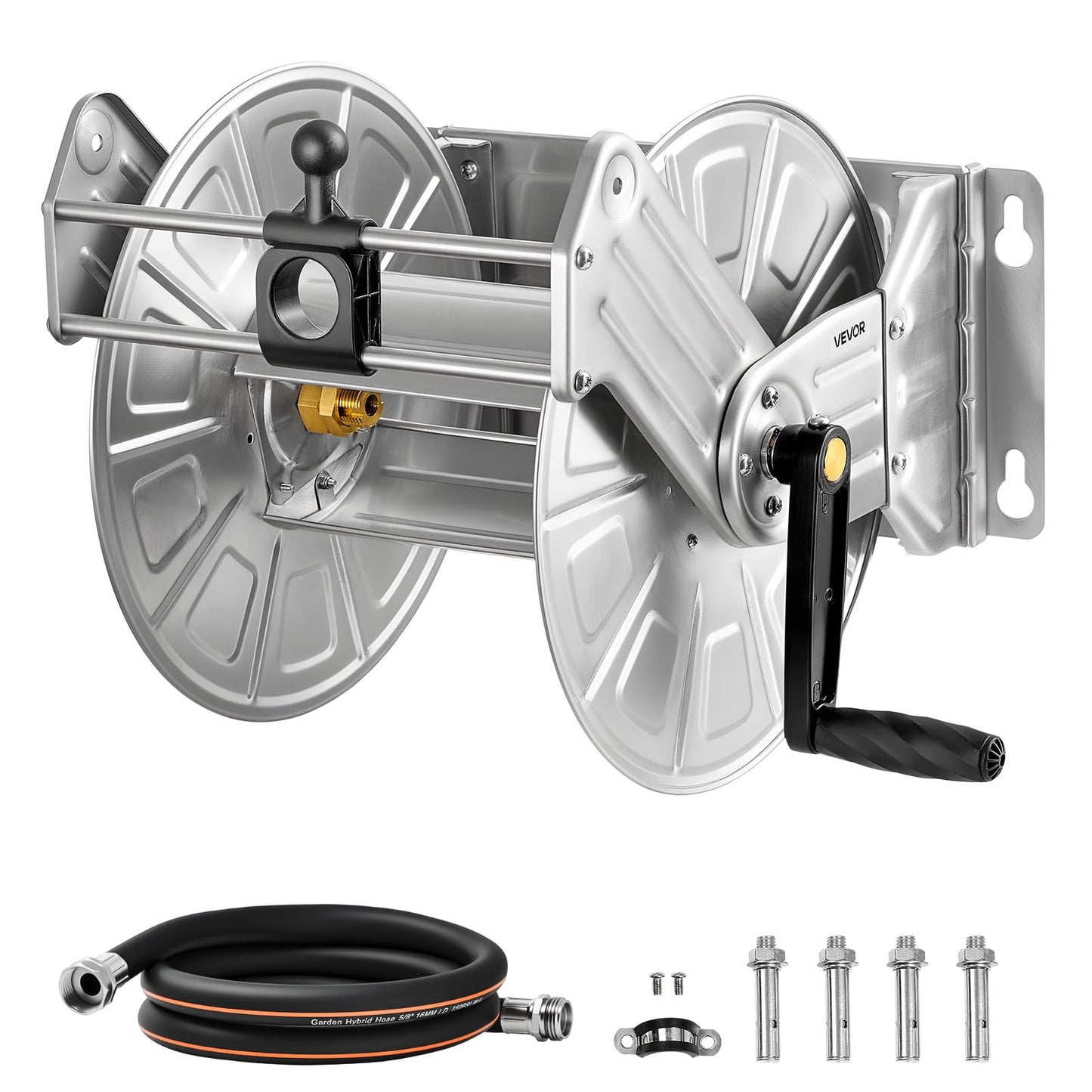 VEVOR Stainless Steel Wall Mounted Garden Hose Reel Heavy Duty, Holds 150 ft 5/8-inch Water Hose Winder, Outdoor Manual Reel with Brass Fitting & 5ft Leader Hose, Space Saving, for Yard Lawn Garage