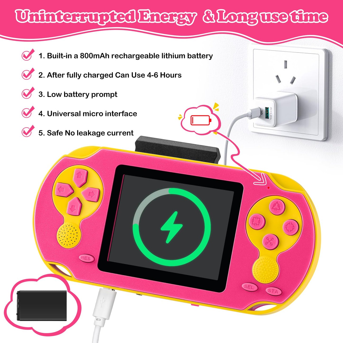 16 Bit Handheld Game for Kids, Video Game Player with Built in 230 HD Games, 3.0'' Screen Retro Electronic Machine with 3 Cartridges, Portable Rechargeable Games for Ages 3-12 (Rose Red)
