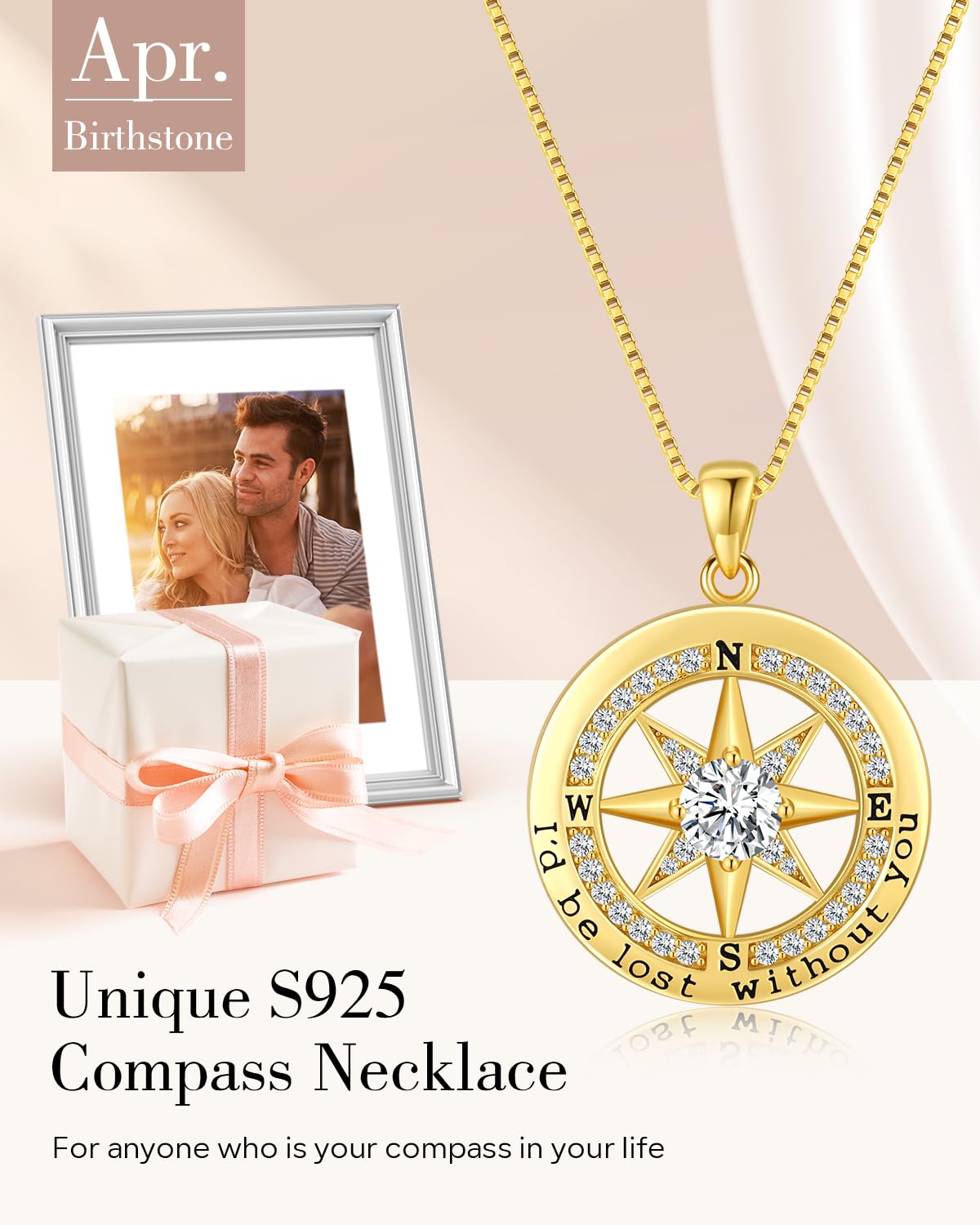 S925 Necklace Gift for Wife |Compass Jewelry |Women Anniversary |Sterling Silver |Girlfriend Birthday Necklaces for Her Valentines |I'd be Lost without You |Jewel 18K Gold Apr 04