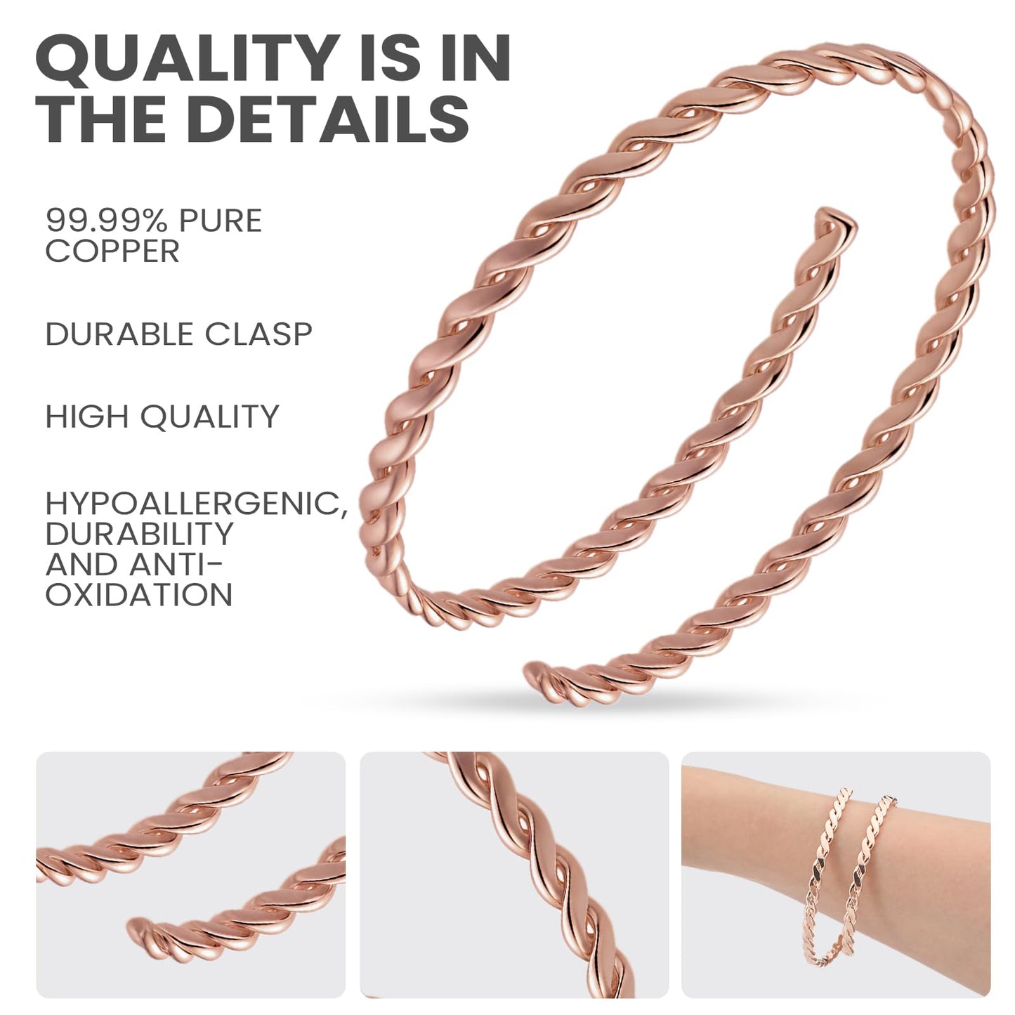 Tondiamo 99.99% Copper Bracelets for Women, 12 Inch Twisted Bangle Bracelet Adjustable Solid Copper Jewelry for Women Health Jewelry Gift