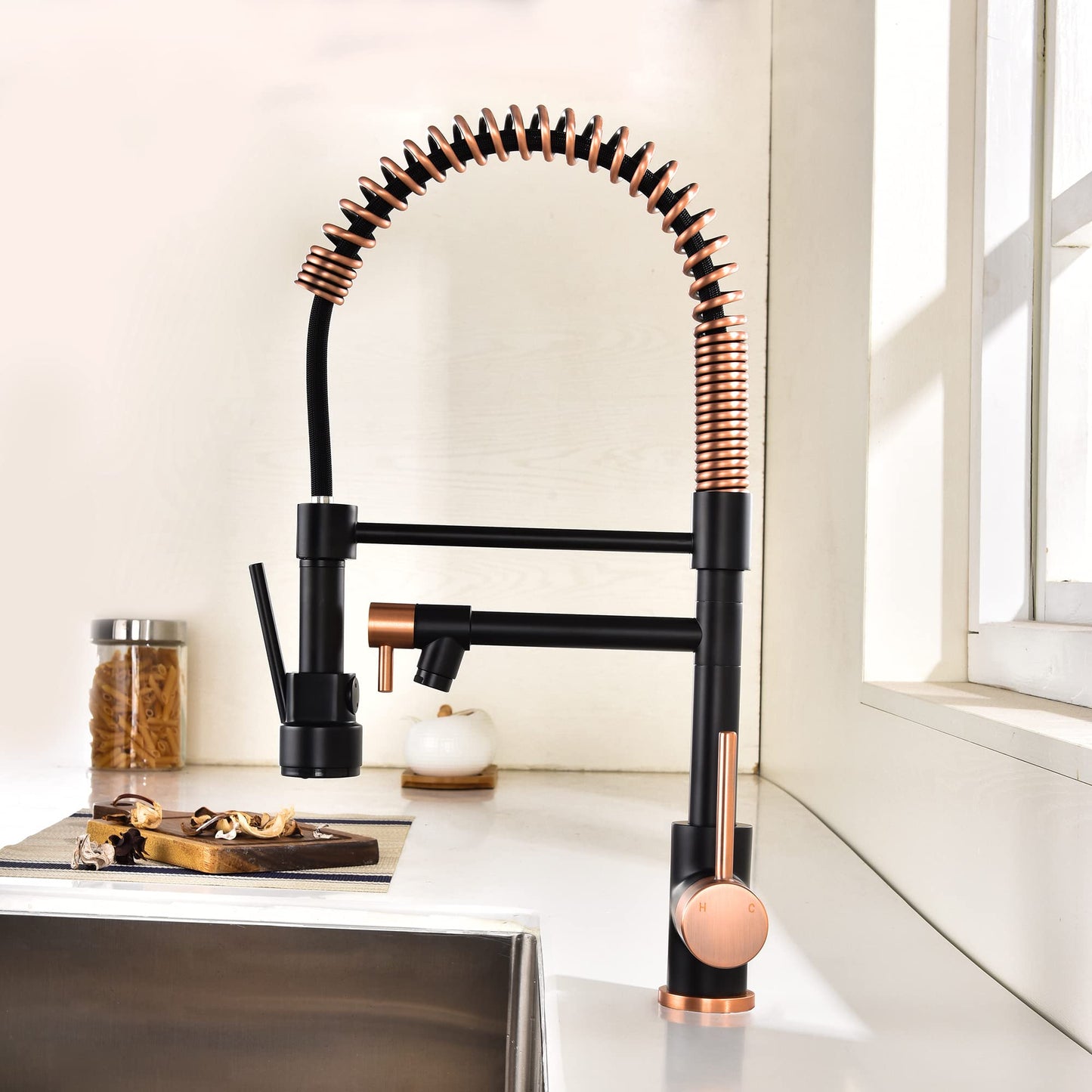 Avola Copper & Black Spring High Arc Kitchen Faucet,Stainless Steel Pull Down Sprayer Faucets,Kitchen Sink Faucet Single Handle Spring Two Nozzles Faucets, Suitable for RV, Bar & Laundry