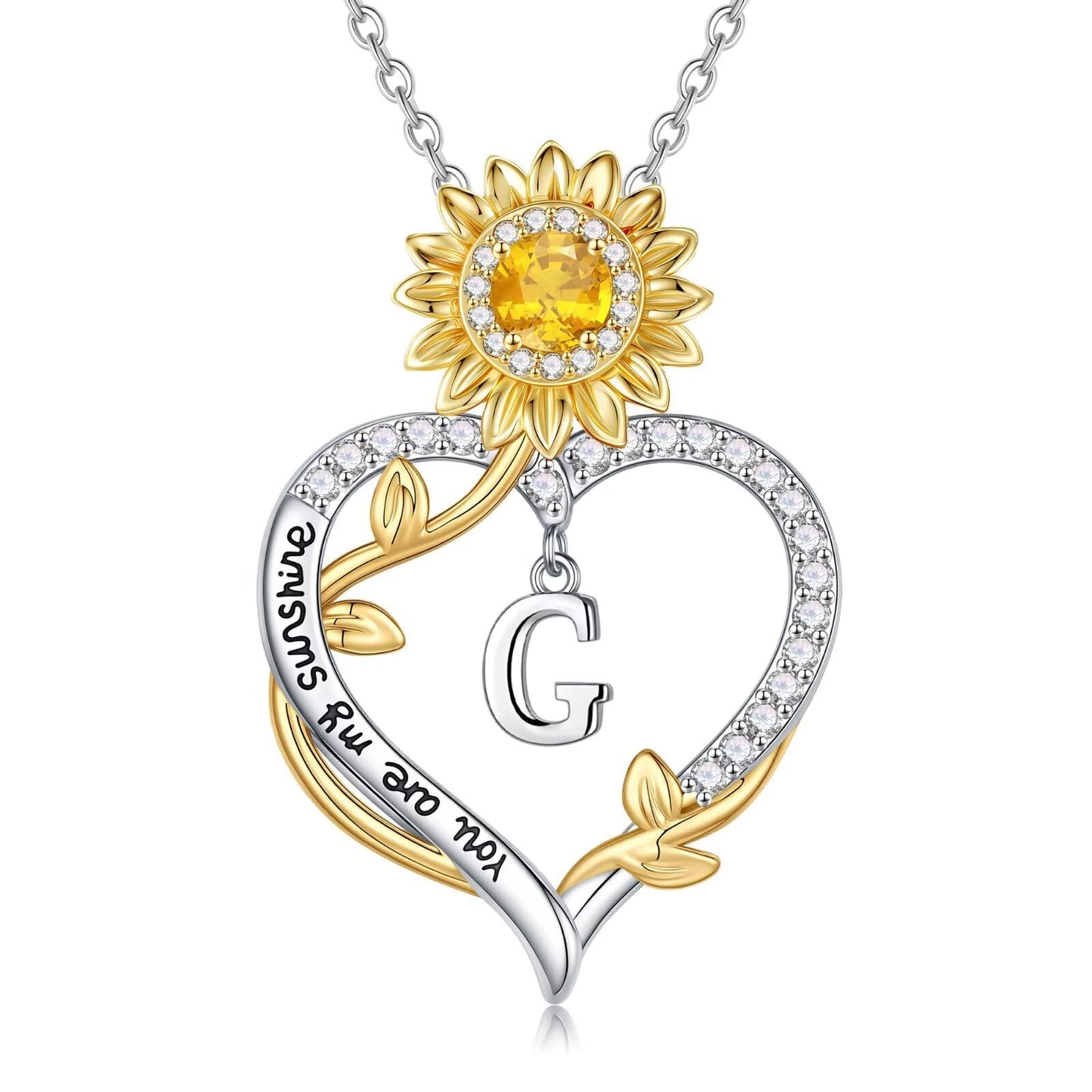 MONOOC Sunflower Gifts for Women - 14K-White-Gold-Plated Sunflower Initial Necklaces for Woman Heart Initial Letter G Necklace, Anniversary Birthday Gifts for Women Wife Mom Jewelry Gift