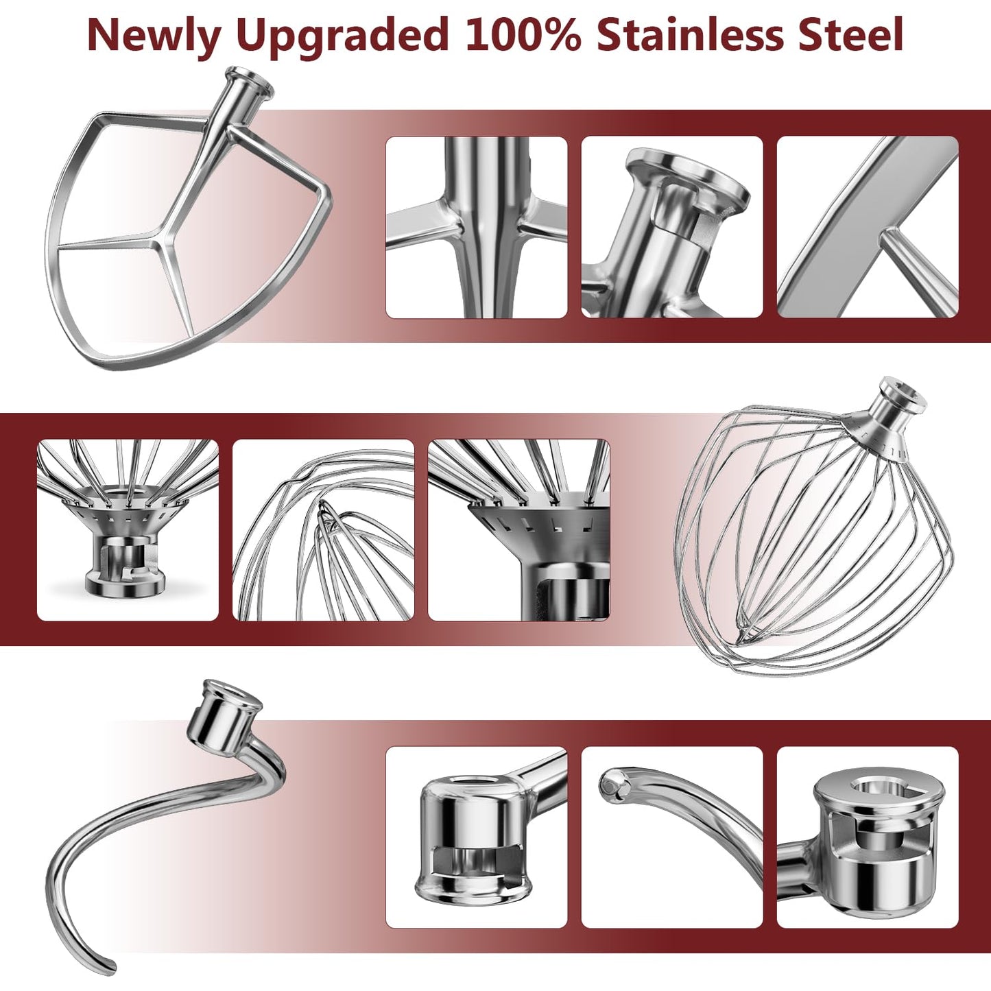 LETOMS 3 Pieces Stainless Steel Attachments (7QT Dough Hook,7QT Wire Whip,7QT Flat Beater Attachment) for KitchenAid Lift Stand Mixer and 7 Quart Bowl, Dishwasher Safe and Heavy Duty