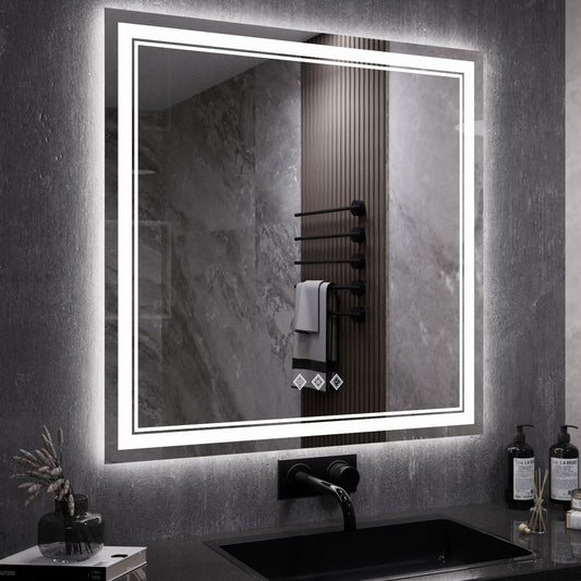 VanPokins LED Mirror, 40x40 Inch Gradient Front and Backlight Bathroom Mirrors for Wall, 3 Colors Dimmable CRI>90 Double Lights, IP54 Enhanced Anti-Fog, Hanging Plates Wall Mount LED Vanity Mirror