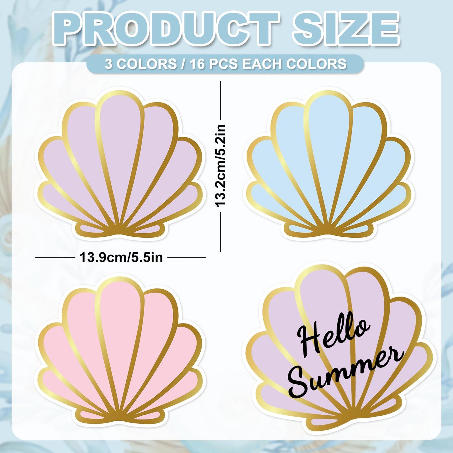 Whaline 48Pcs Seashell Cutouts Paper Cutting Pastel Pink Purple Blue Shell Cut-Outs with Gold Edge for Summer Sea Beach Party Supplies DIY Crafts