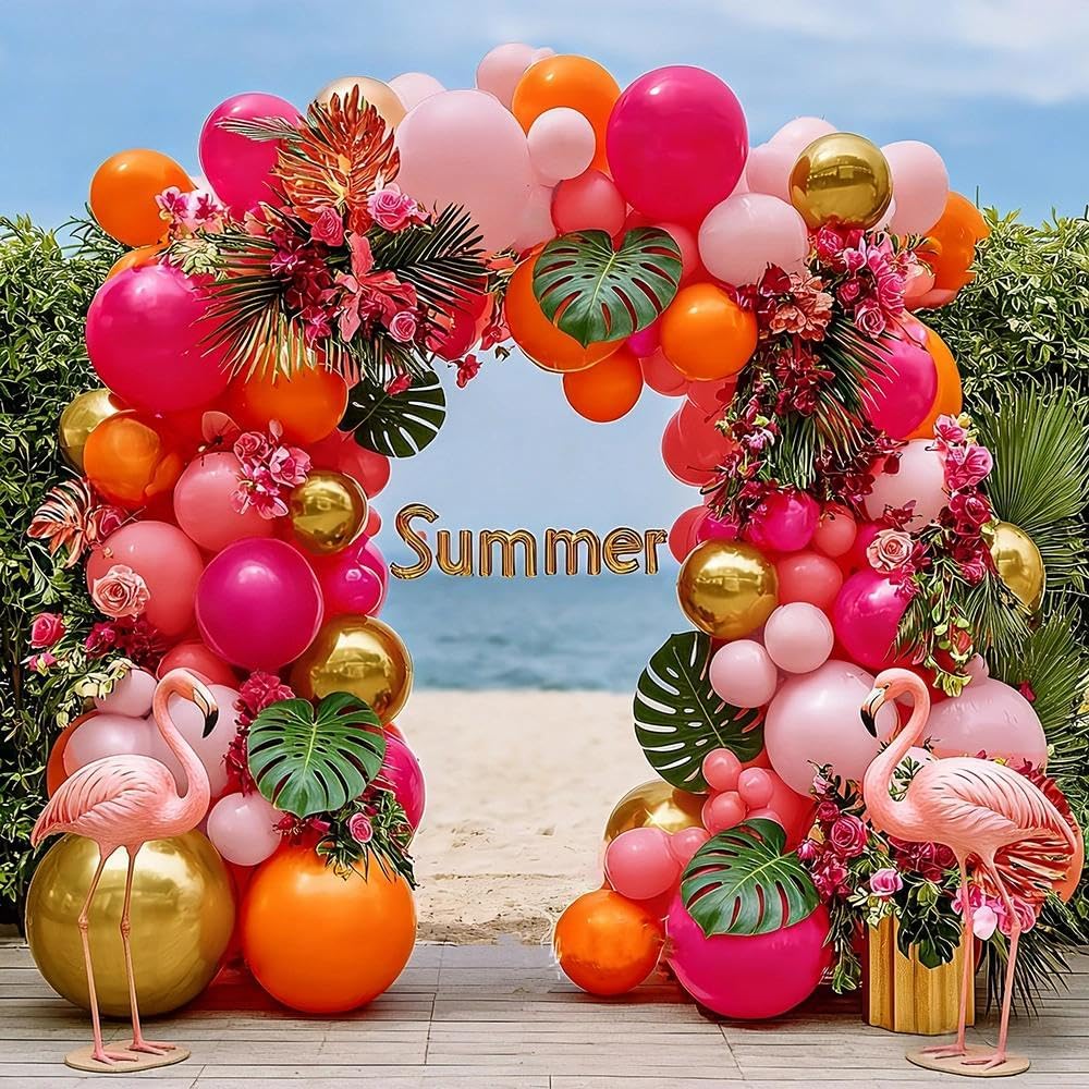 Pink Orange Balloon Garland Double Stuffed Hot Pink Orange Gold Metallic Pastel Balloon Arch Kit for Birthday Baby Bridal Shower Wedding Summer Tropical Graduation Party Decorations