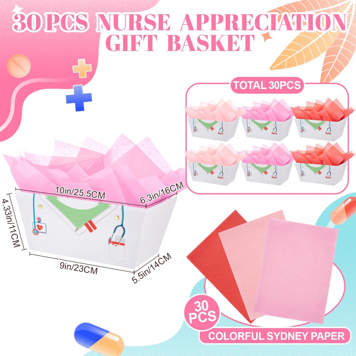 Supervitae 60 Pcs Nurse Graduation Gift Baskets Bulk with Handles, Empty DIY Paper Gift Basket Kit with Tissue Paper, Appreciation Gifts Baskets Treat Bag for Nursing, Nurse Week Party Supplies(White)