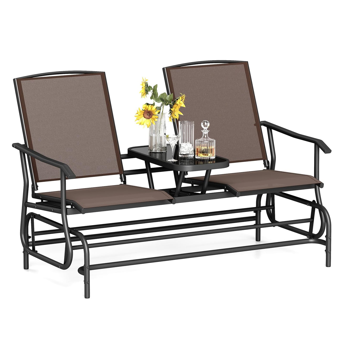 Tangkula 2 Person Swing Glider Chair, Patio Rocking Loveseat w/Center Tempered Glass Table, Outdoor Swing Bench w/Steel Frame & Breathable Mesh Fabric for Porch, Balcony, Poolside (Brown)