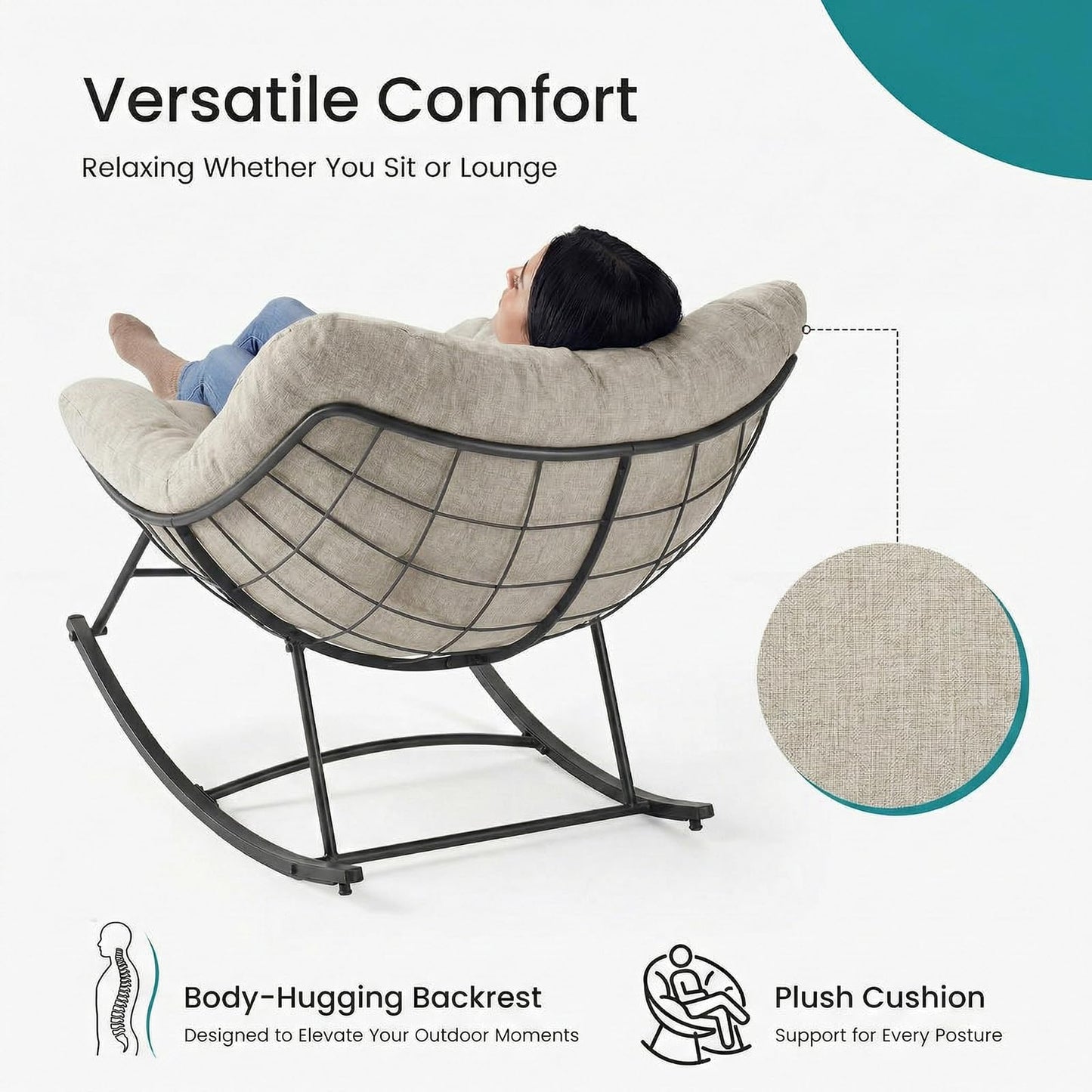 OLIXIS Outdoor Rocking Chair with 5.5" Thick Cushion, Oversized Egg Lounge Chair with Water-Repellent & UV-Resistant Fabric, 450 Lbs Heavy Duty for Patio, Living Room, Garden, Bedroom, Beige