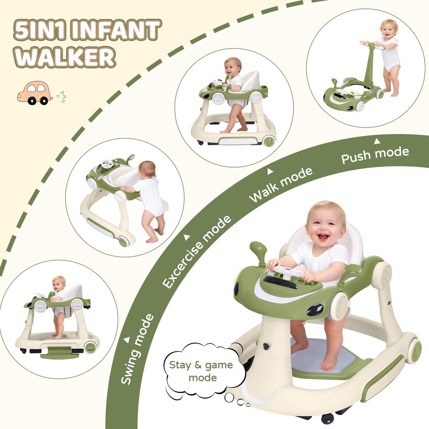 Baby Walker with Wheels, 5-in-1 Foldable Infant Toddler Walker for Boys Girls 6-18 Month, Music Walker for Baby with Car Steering Wheel &Removable Footrest,Baby Push Walker Green