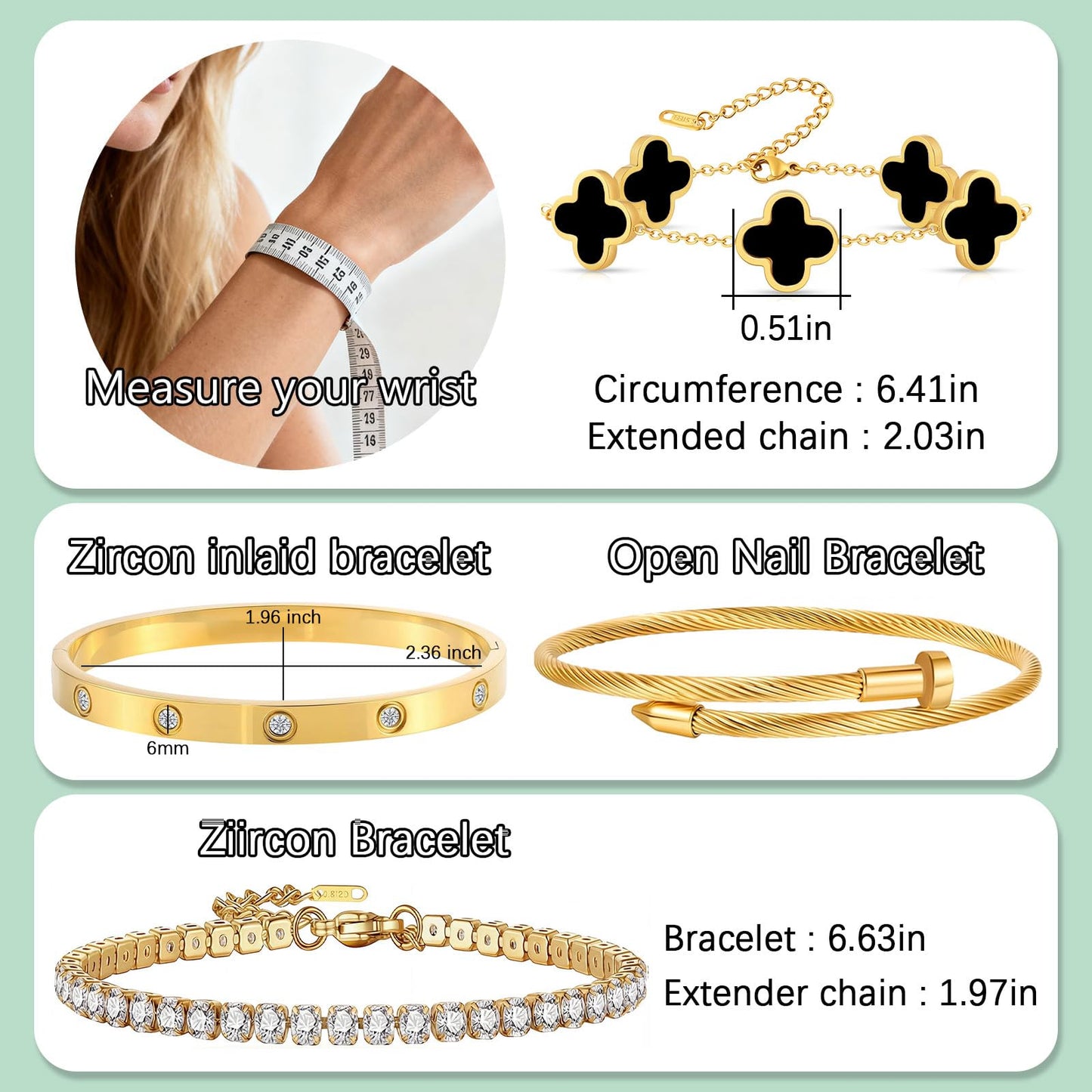 Gold Bracelets for Women, 18K Gold Plated Women Tennis Bracelets Clover Nail Love Bangle Bracelet Set, Gold Bracelet Stackable Set Trendy Jewelry, Gifts for Women's Day and Mother's Day (10-Color- 4 Black)