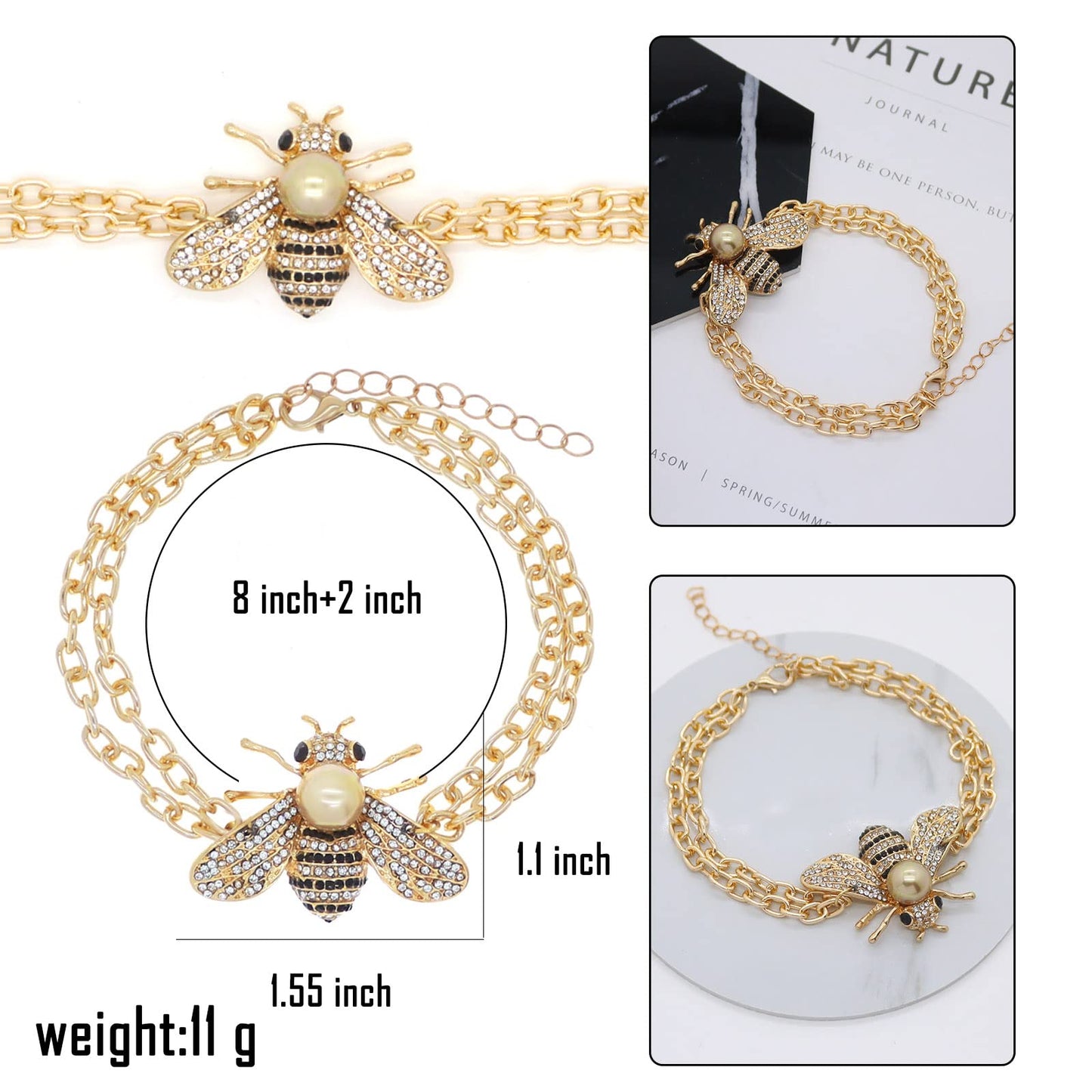 Honey Bee Turquoise Beaded Bracelet Crystal Insect Themed Bee Chain Link Bracelets Animal Fashion Shell Pearl Elastic Bracelets Gold Tone (Gold Pearl Chain)