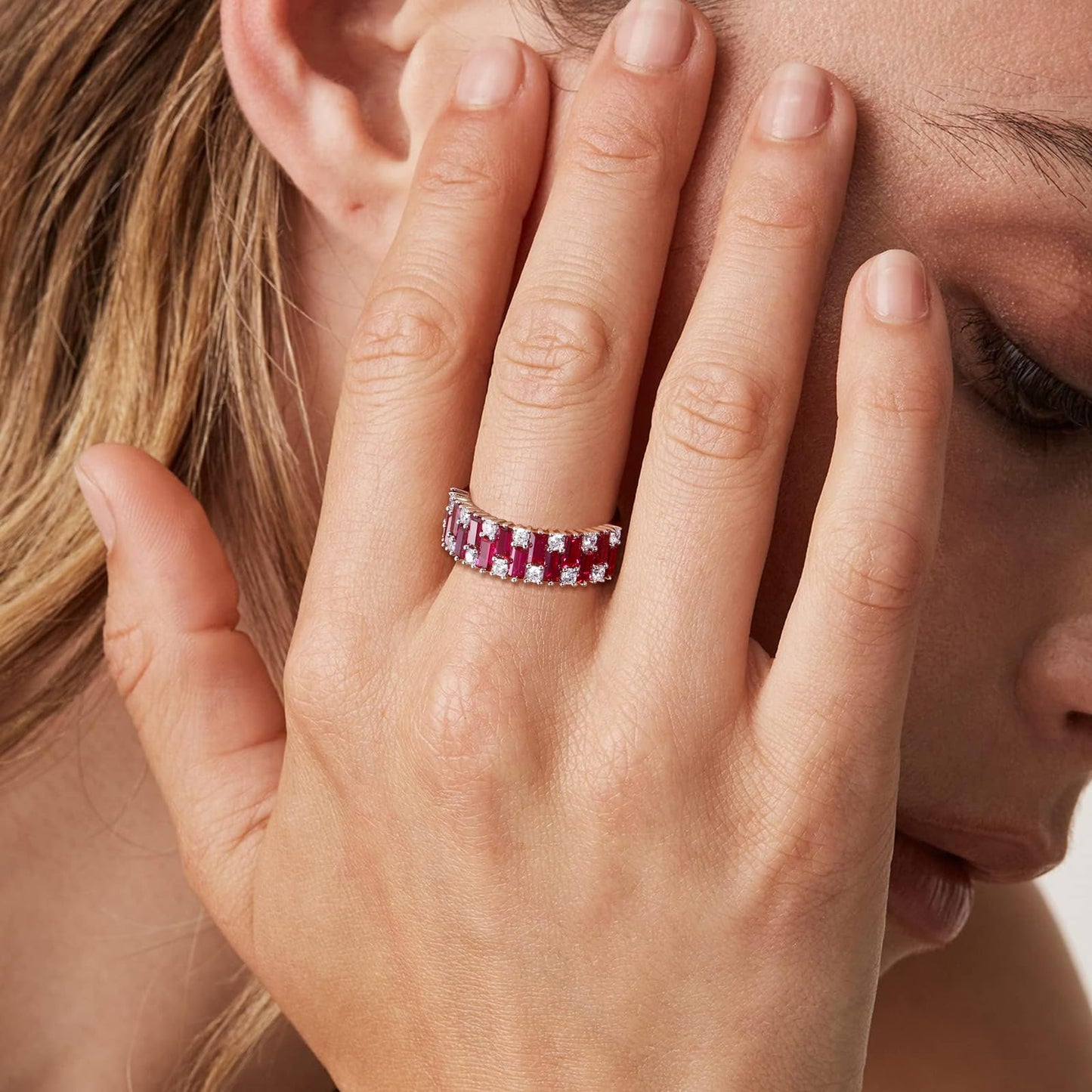 RANDES Ruby Wedding Band for Women 925 Sterling Silver Emerald Cut Cubic Zirconia Red Stone Anniversary Band Eternity Ring Size 10