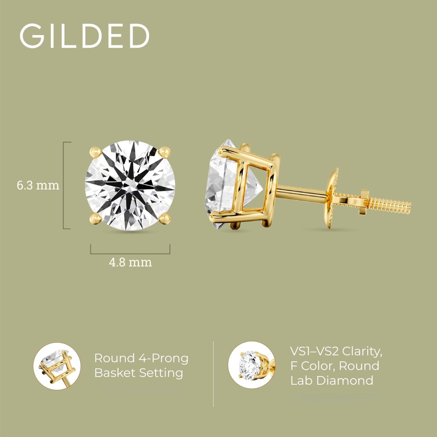 Gilded 2 Carat Total Weight IGI Certified Lab-Grown Diamond 10KT Yellow Gold Stud Earrings for Women| Hypoallergenic Fine Gold Jewelry | 4-Prong Basket, Screw Back Nut | VSI2-SI1 Clarity, F Color, Round Cut (Gold)