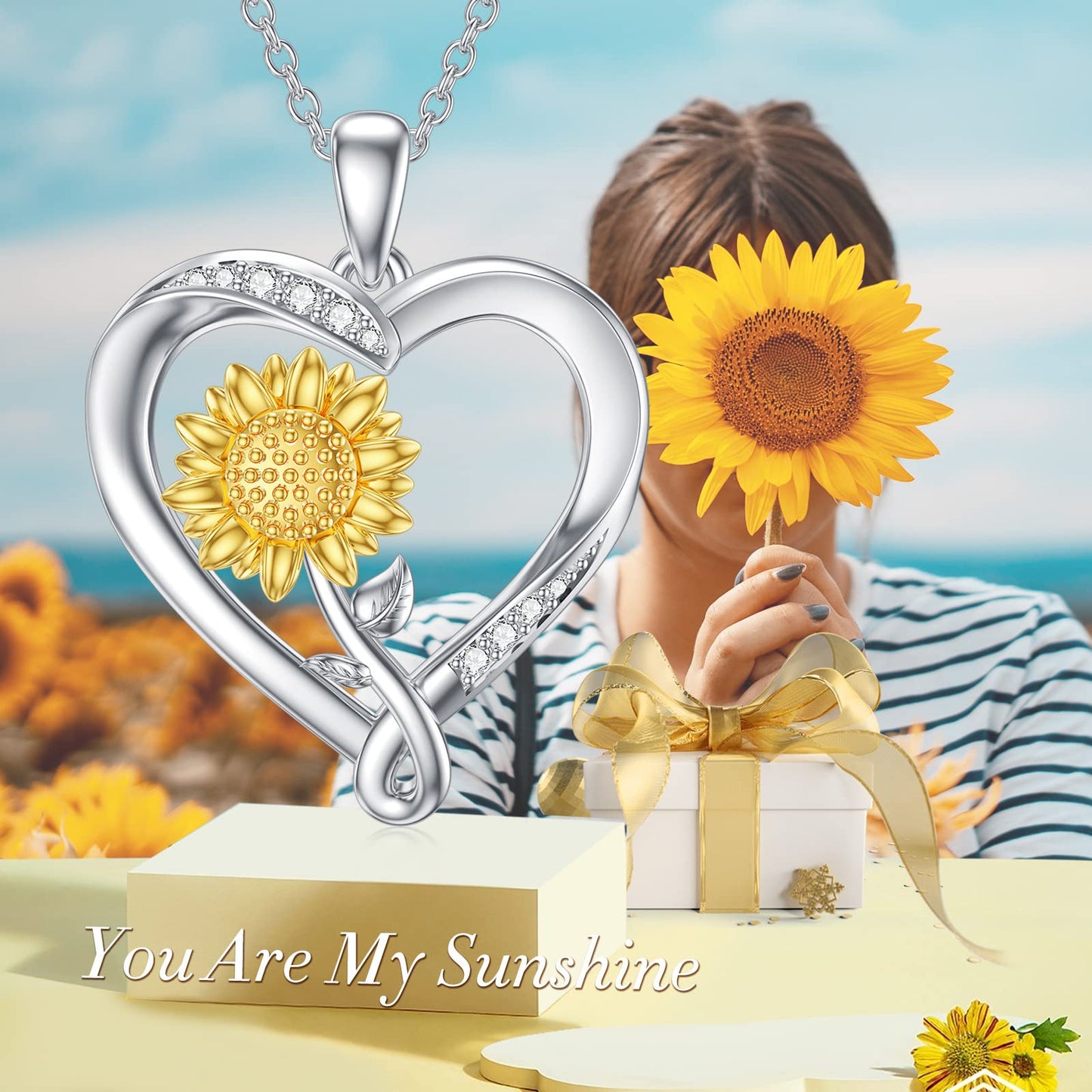 ZBA Real Diamond Sunflower Necklace for Women Sterling Silver Heart Jewelry Anniversary Valentines Mothers day Gifts for Mom Mother Girlfriend Her Wife