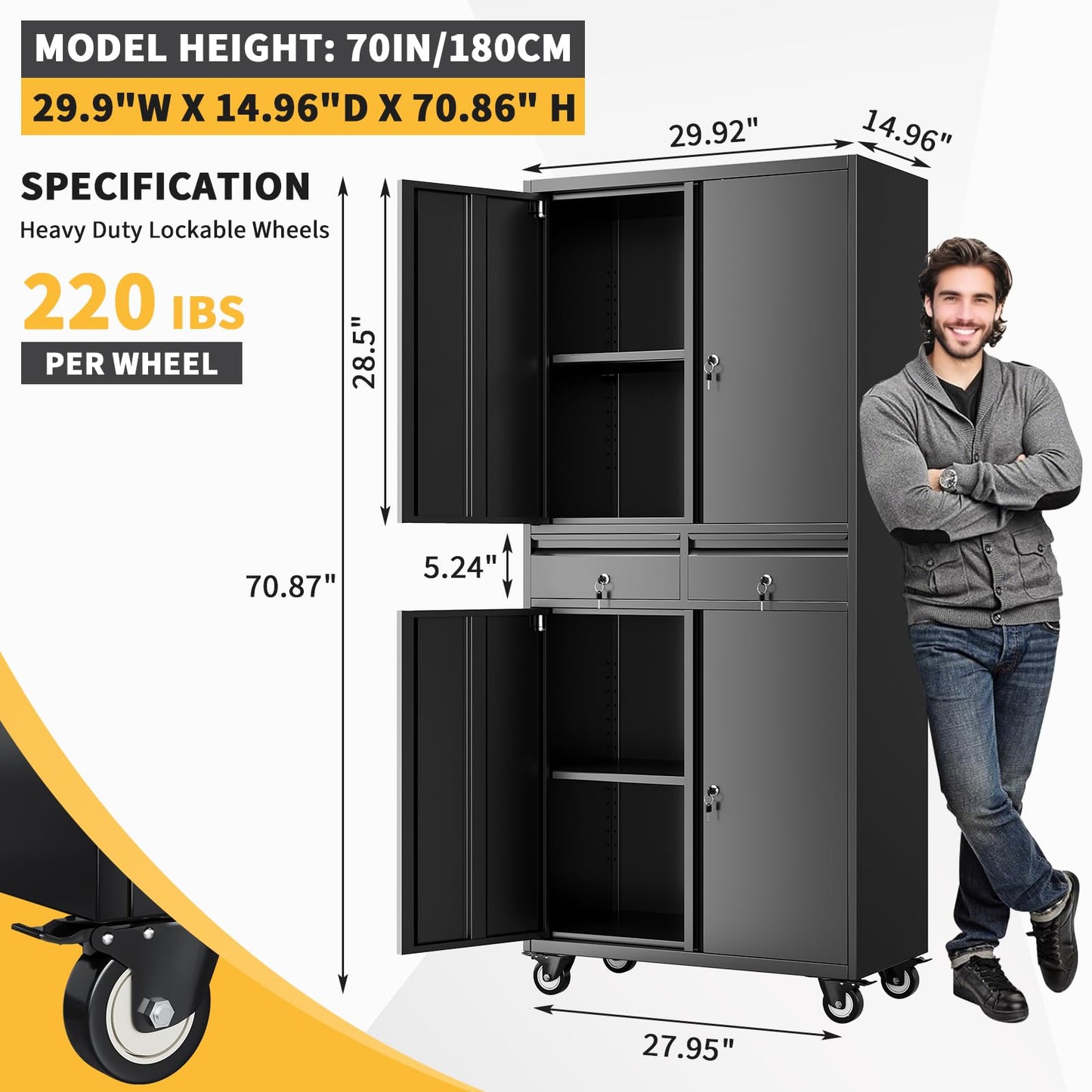 GarveeTech 73 in Metal Storage Cabinet w/Locking Doors | Adjustable Shelves + 2 Drawers | Robust Utility Storage for Garage Organization-Dark Black with Casters