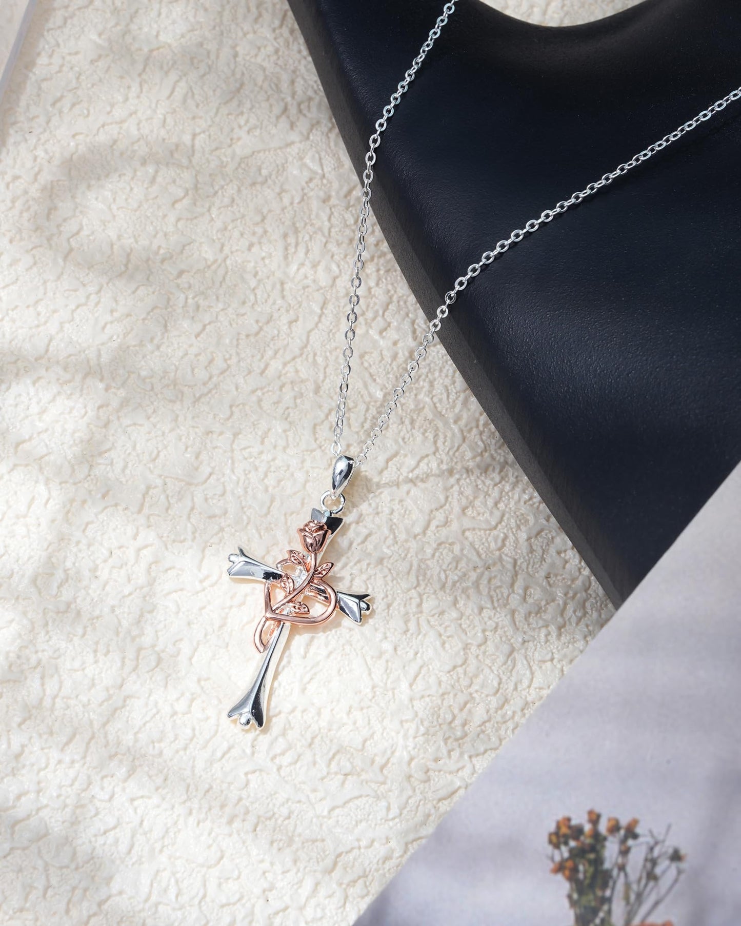 ACECHA Silver Cross Necklace for Women, Dainty Faith Cross Pendant Necklaces with Rose Jewelry for Mom Wife Daughter Sister | Gifts for Birthday Anniversary Christmas Easter(White Silver-Rose)