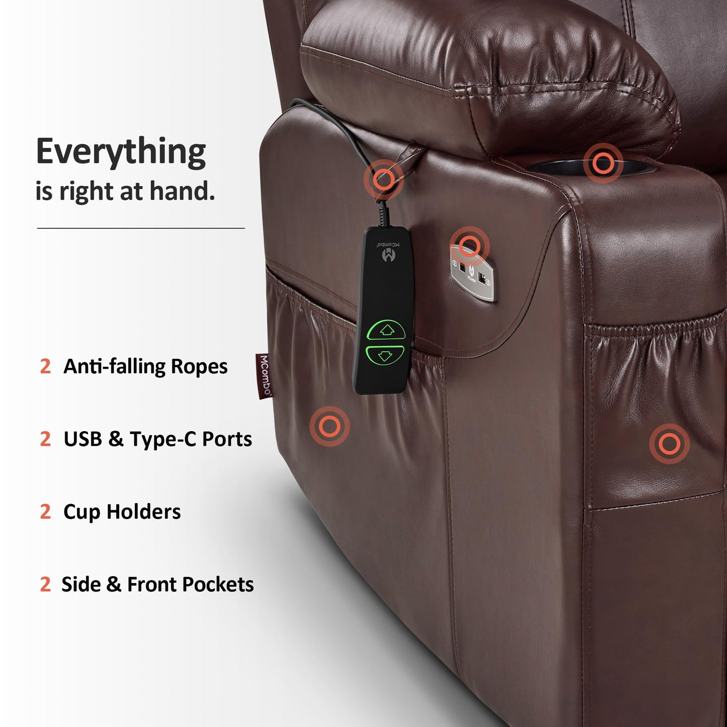 MCombo Large Power Lift Recliner Chair with Massage and Heat for Tall Elderly People, 3 Positions, Cup Holders, and USB Ports, Faux Leather 7516 (Large, Dark Brown)