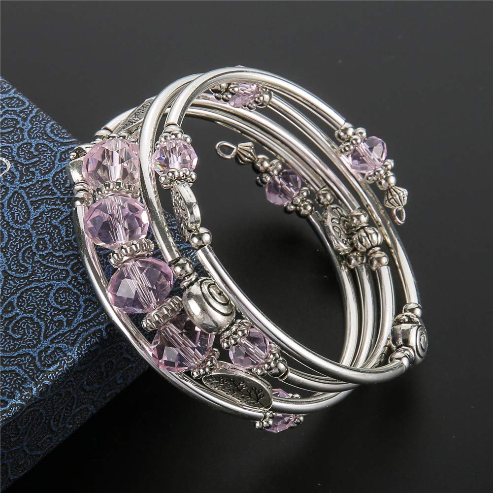 PEARL&CLUB Bead Crystal Wrap Bangle Bracelet - Fashion Jewelry Beaded Bracelet with Silver Metal, Gifts for Women(23-Pink)
