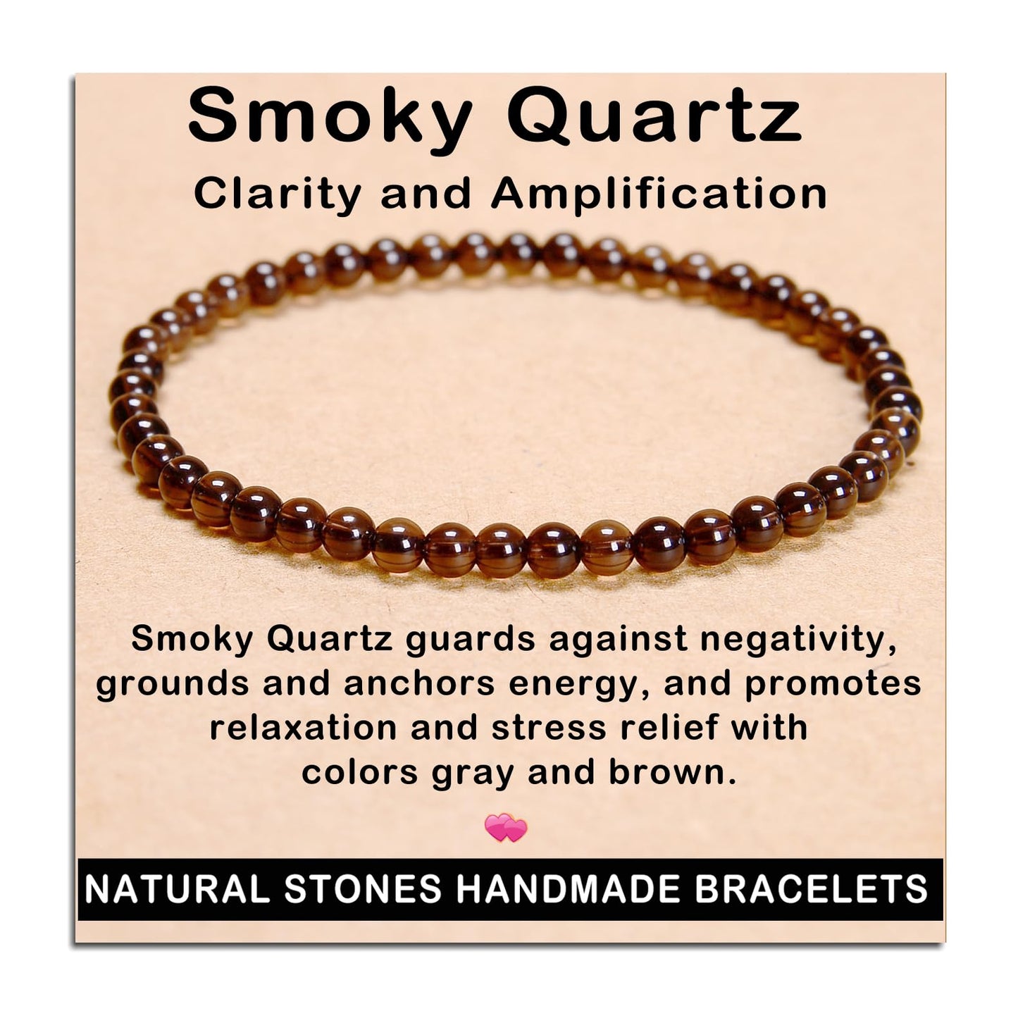 AD Beads Handmade Gemstone Stretch Elastic Bracelet Crystal Healing Reiki Nature's Beauty and Spiritual Essence Unisex (4mm, Smoky Quartz (Clarity and Amplification))