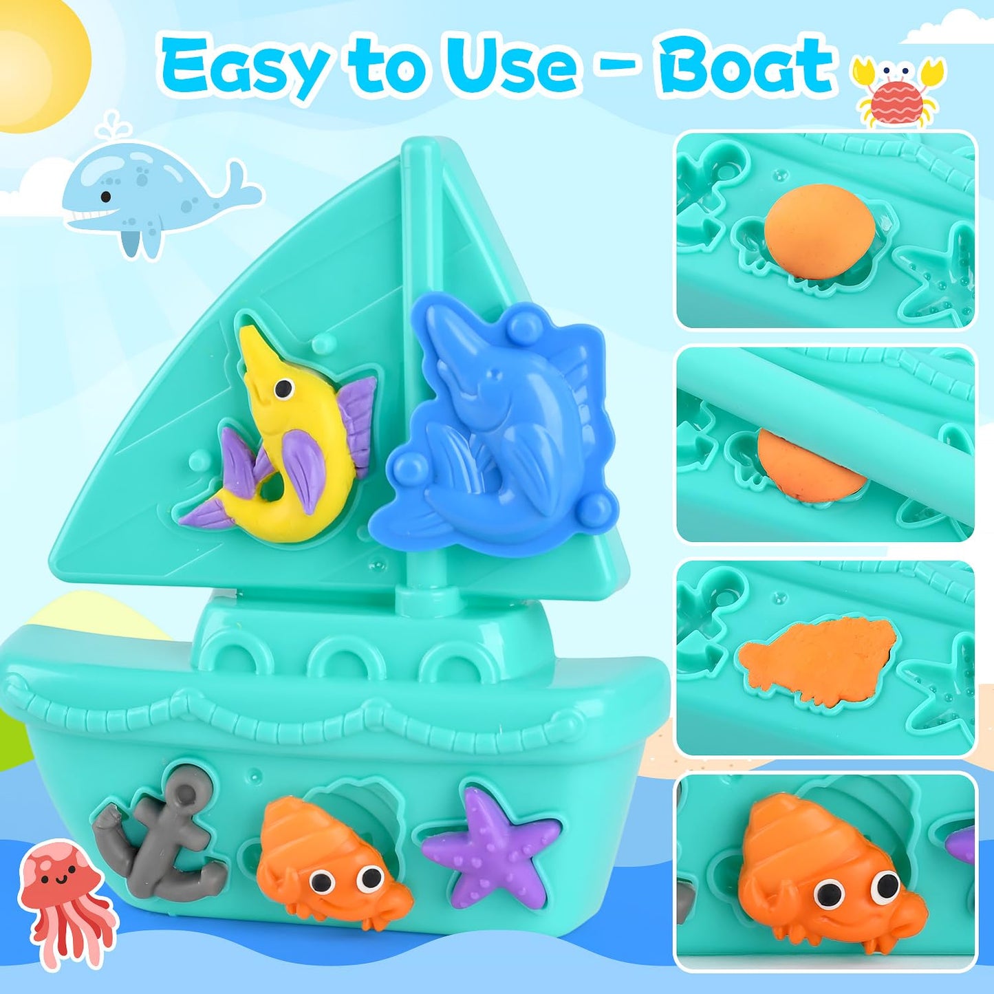 PLAY Ocean Color Dough Kit with Sea Animals Molds, Under the Sea Toys Set for Sensory Play - Boat Whale Shark Crab Fish Cutters, Educational Arts and Crafts Gift for Kids 3 4 5 6 Year Old Boys & Girls