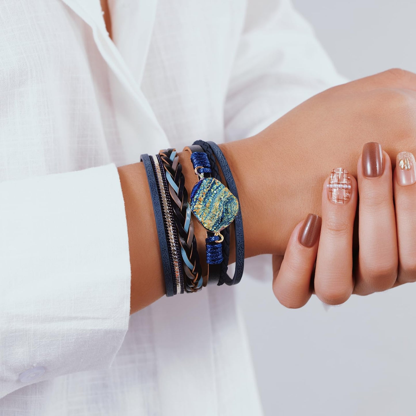 Becklynn Boho Leather Wrap Bracelets Beaded Crystal Stackable Cuff Bracelet with Magnetic Clasp Cowboy Cowgirl County Concert Outfits Western Jewelry Gifts for Women(Stone Navy Blue)
