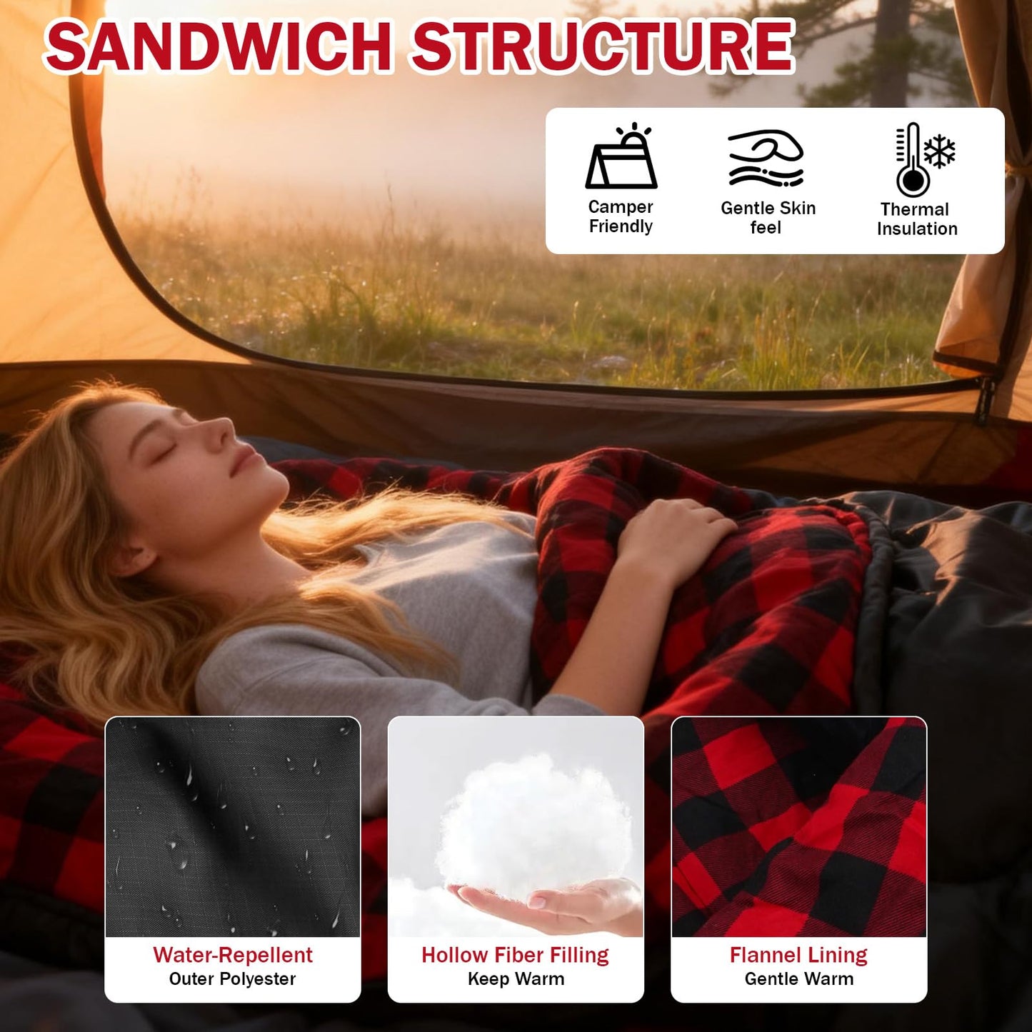 FJALLNOK Warm & Cold Weather Sleeping Bag,100% Cotton Flannel,Extra-Large for Adults & Kids,Lightweight Waterproof for Camping Hiking and Backpacking,Free Compression Sack (0-32℉- Black/Red)