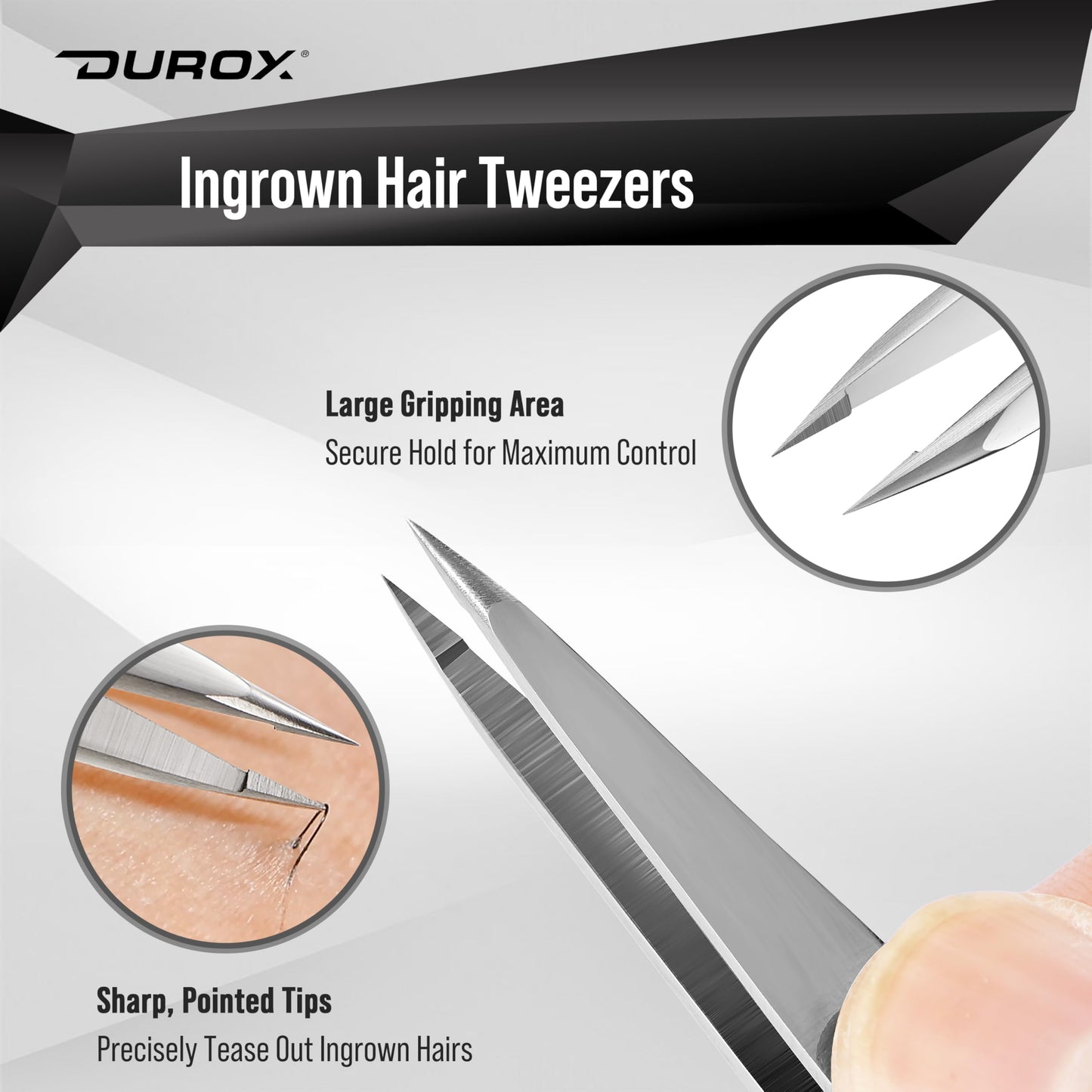 DUROX 3-Piece Tweezers Set for Ingrown Hair & Splinter Removal - 1. Pointed Ingrown Hair Tweezers, 2. Sharp Splinter & Sliver Remover, 3. Blunt Tip Facial & Chin Hair Tweezers, Stainless Steel, Pouch