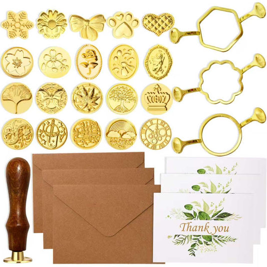 30Pcs Wax Seal Stamp Kit,Vintage Classic Sealing Wax Stamp Heads with Wooden Handle & Metal Wax Seal Molds, with Envelope Greeting Card, for Gift Wrapping,Wedding, Party Invitations & Wine Packaging