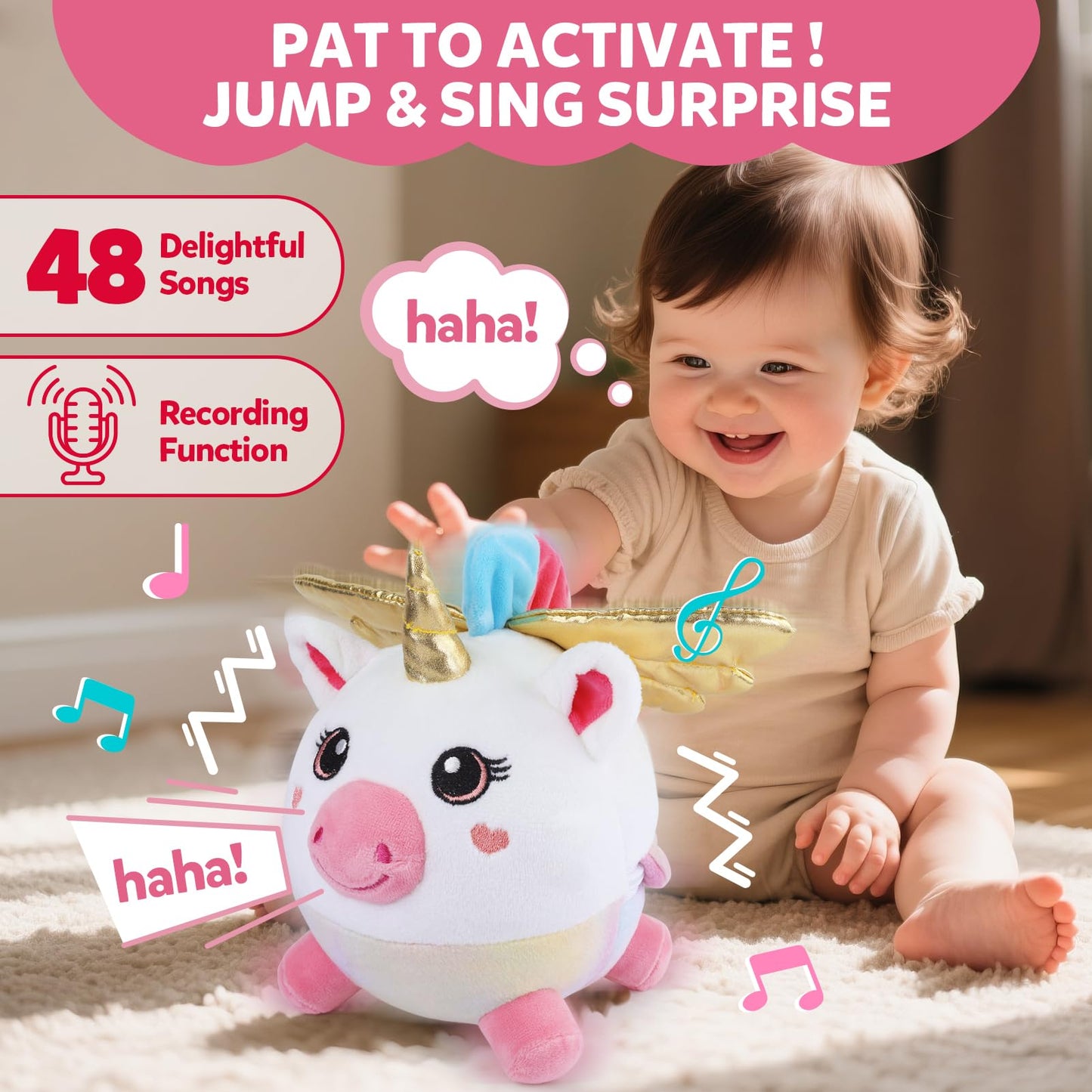 Baby Toys 6-12-18 Months,Musical Crawling Unicorn Plush Toy with 48 Songs & Recording, Dancing Walking Moving Bouncing Learning Toy, Tummy Time Sensory Toys for 1 2 3 Year Old Girls Birthday Gifts